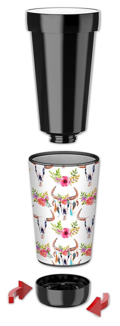 16oz Insulated Tumbler with Lid & Removable Wetsuit Cover - Bull Skull Floral Design | Perfect for Coffee, Tea & Cold Drinks at Home, Office or Travel