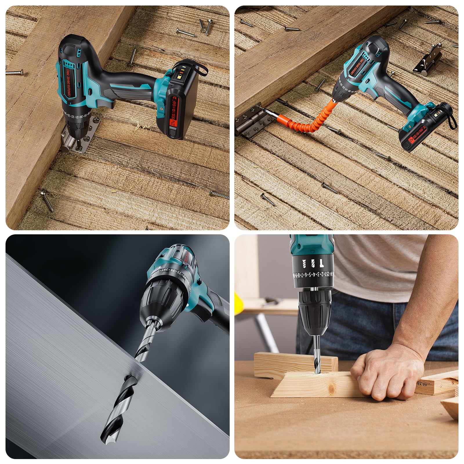 21V Cordless Drill Set with 2 Batteries & Charger - 45Nm Electric Power Drill Driver, 25+3 Torque, 2-Speed, 3/8