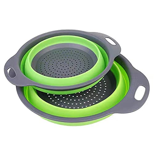 3-Piece Collapsible Kitchen Sink Strainer Set - Food Grade Silicone Colander with 2 Round & 1 Square Folding Strainers | BPA Free, Dishwasher Safe (Green) | Perfect for Washing Fruits, Vegetables, Pasta & Draining Dishes