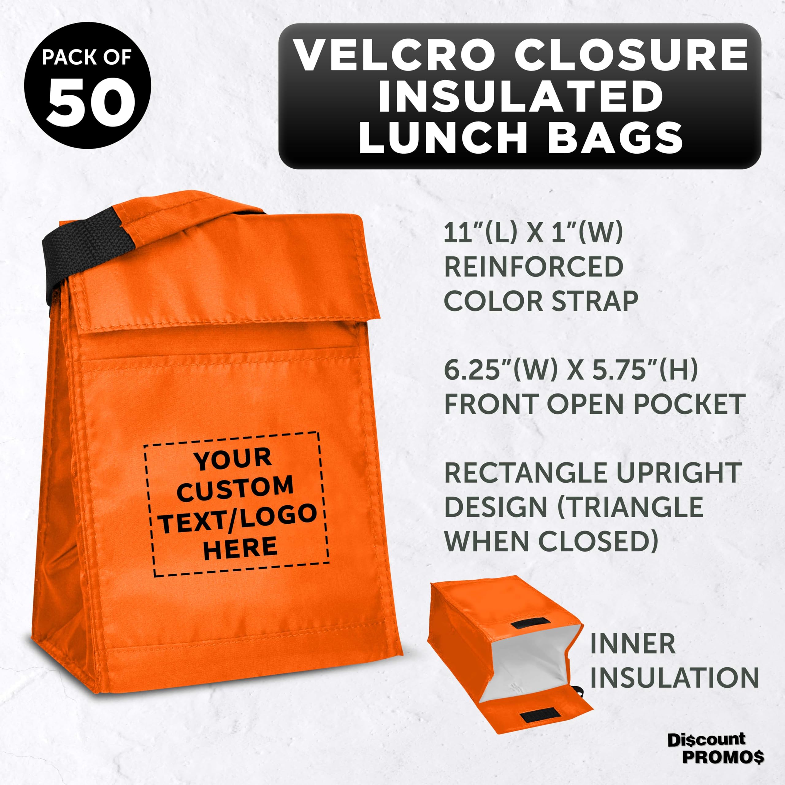 50-Pack Insulated Lunch Bags with Hook & Loop Closure - Custom Text & Logo Printing - Durable Polyester, Vibrant Orange - Perfect for School, Office & Picnics - Reusable & Eco-Friendly