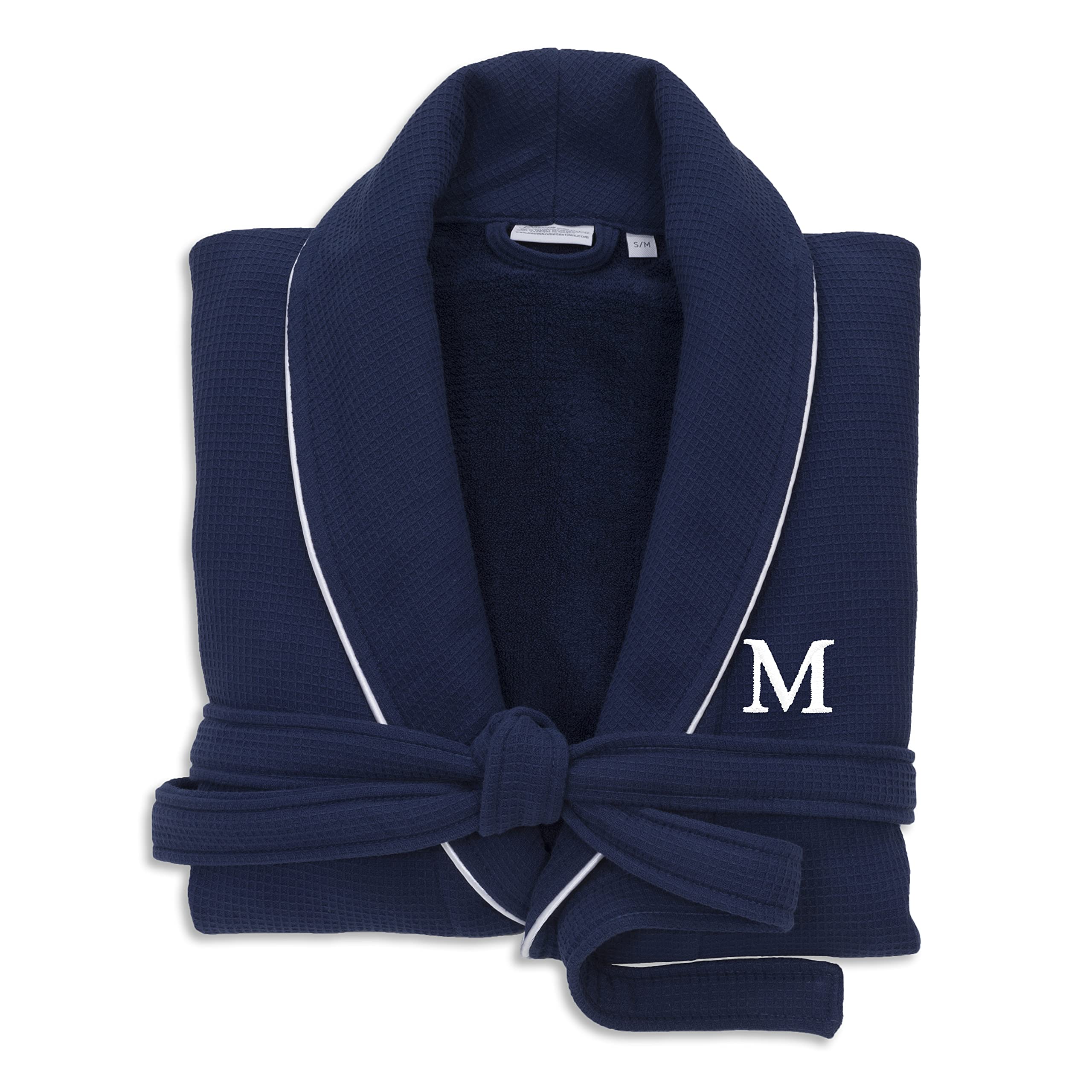 Premium Navy Blue Unisex Turkish Cotton Waffle Weave Bathrobe - Soft Terry Cloth Robe with White Block Monogram - Size M (S/M) - Perfect for Spa, Hotels, and Cozy Home Relaxation