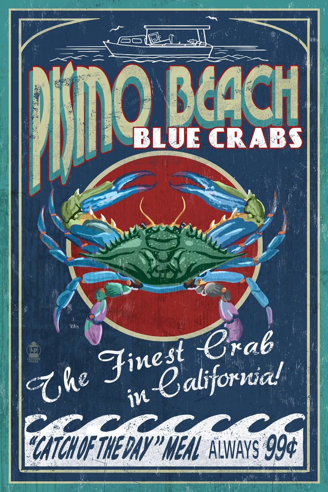 Pismo Beach California Blue Crabs Vintage Travel Poster - 24x36 Giclee Art Print, Coastal Wall Decor for Beach House, Kitchen & Office