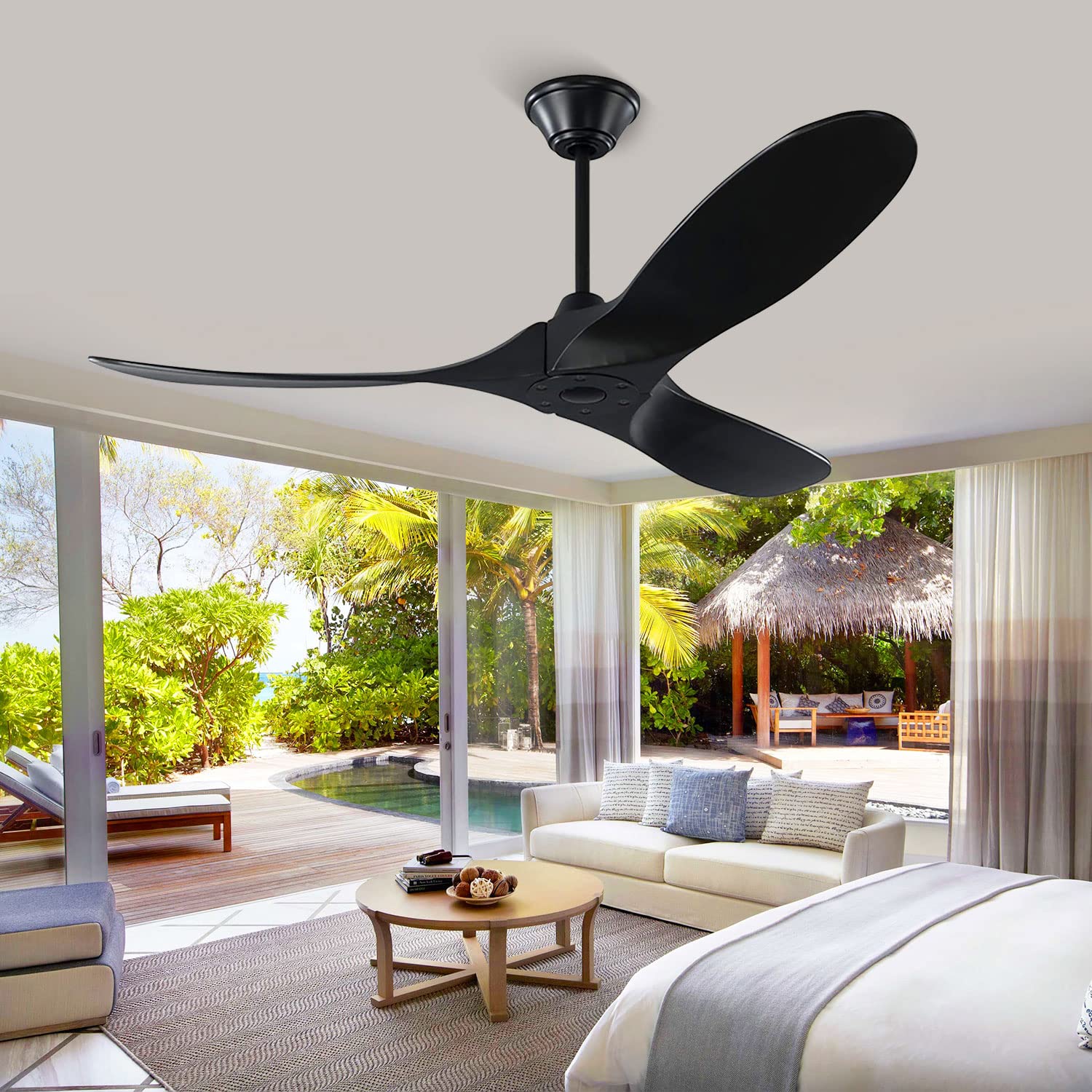 60 Inch Black Ceiling Fan with Remote Control - 3 Blade Outdoor Ceiling Fan, No Light, 6 Speed Reversible DC Motor - Perfect for Patio, Living Room, Bedroom, Farmhouse & More - Durable Weatherproof Design for Indoor/Outdoor Use