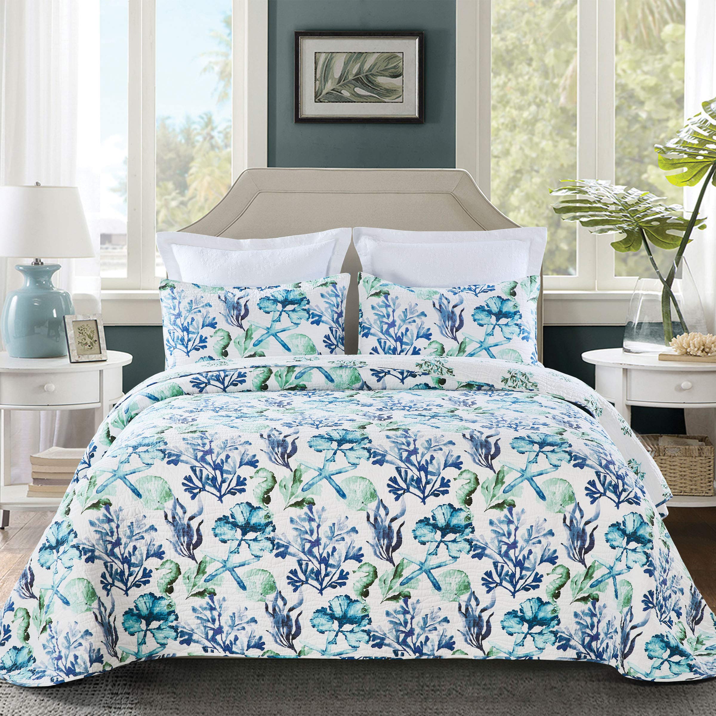 Bluewater Bay Queen Bedspread - 100% Cotton Lightweight Reversible Bed Cover - Machine Washable Blue Bedspread for Queen Size Beds - Perfect for Guest Rooms, Beach Houses & Coastal Decor