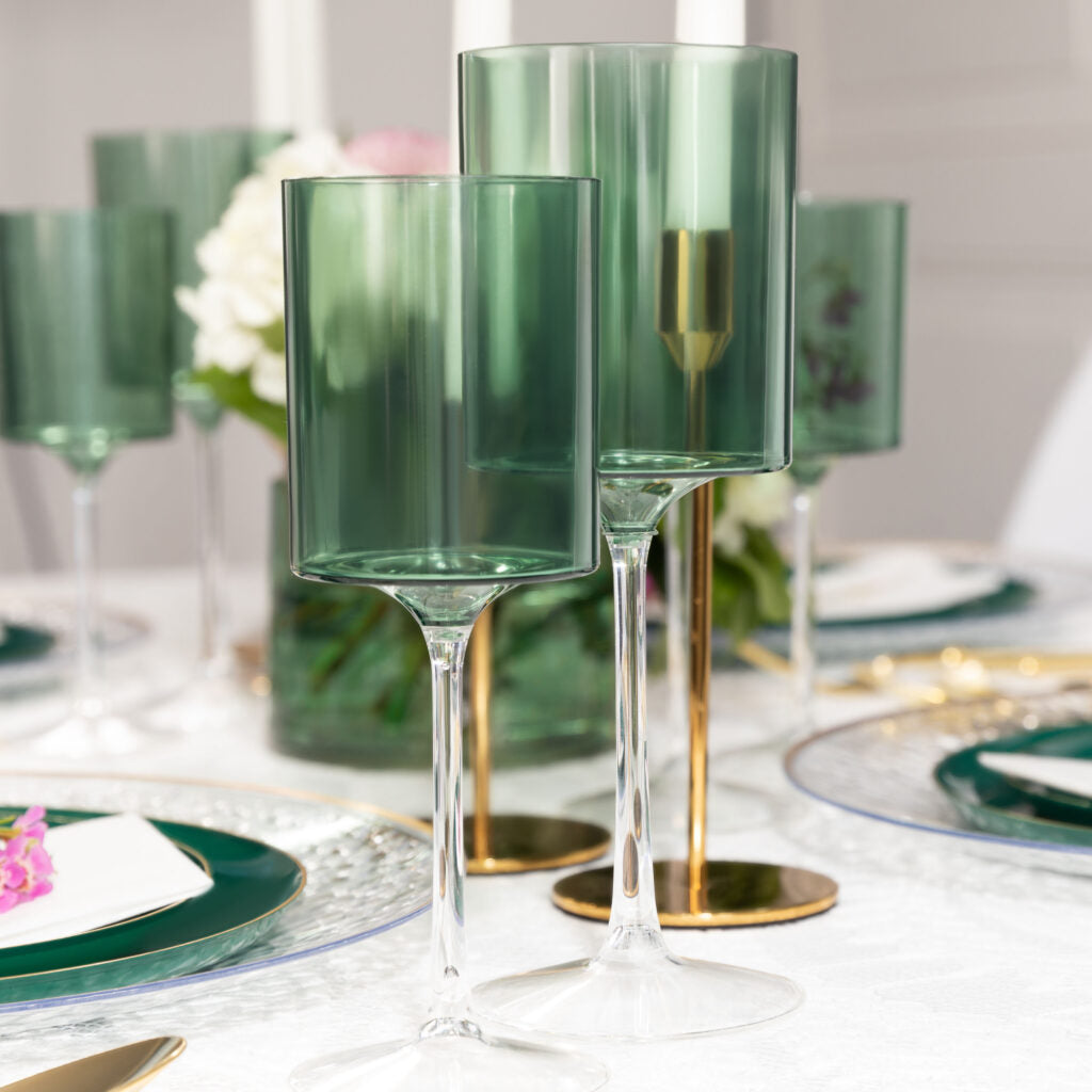 Elegant Two-Tone 14 Oz Green & Clear Plastic Wine Goblets - Set of 5 - Perfect for Outdoor Parties, Weddings & Picnics
