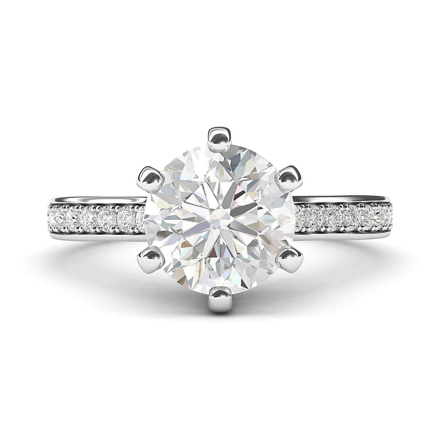 14K White Gold 2 Carat Classic 6-Prong Simulated Diamond or Moissanite Engagement Ring with Side Stones - Elegant Promise Bridal Ring for Wedding, Proposal & Anniversary Gifts