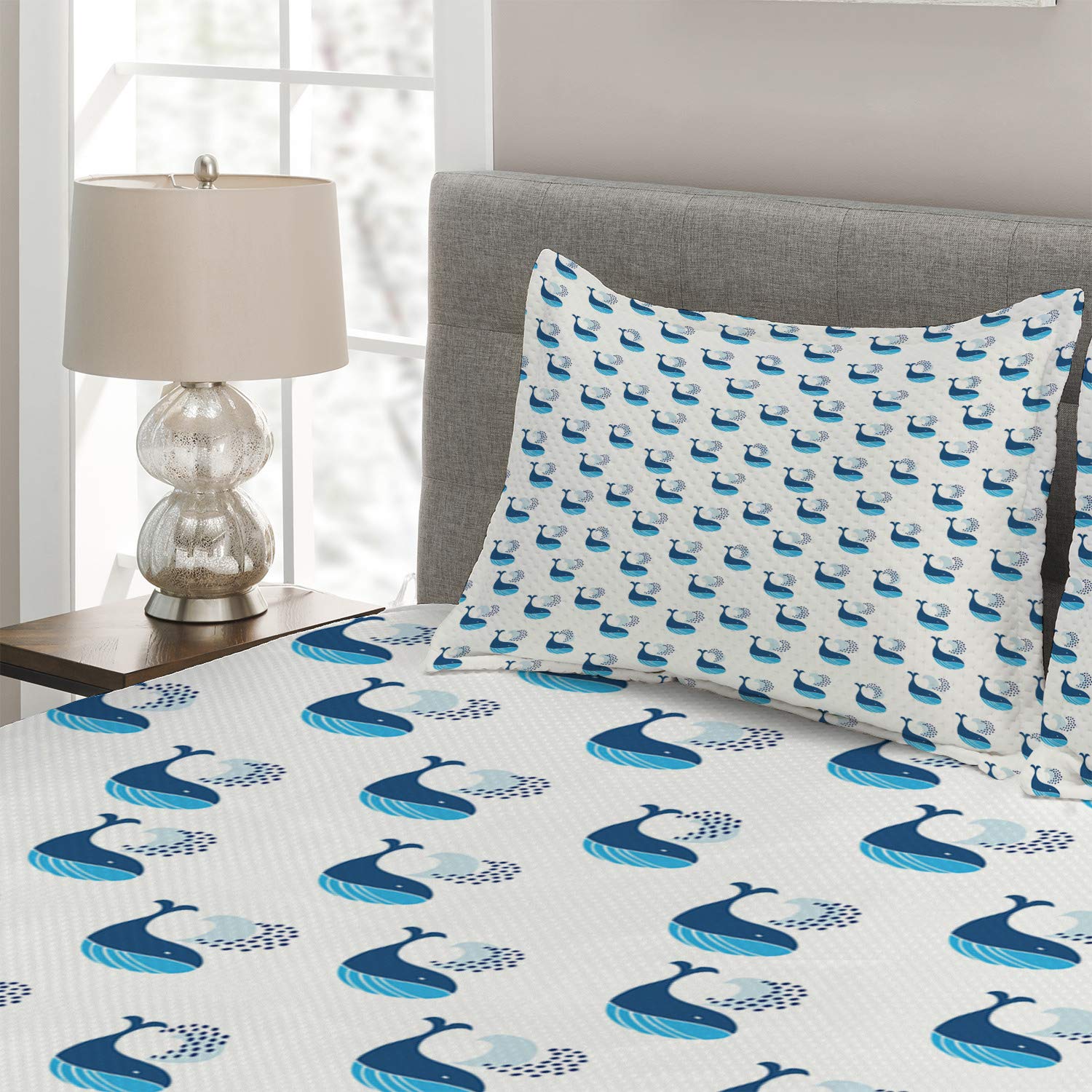 Ambesonne Modern King Size 3-Piece Quilted Bedspread Set with 2 Pillow Shams - Whale & Ocean Marine Underwater Design in Dark Sky Blue | Luxury Bedroom Decor for Coastal & Nautical Theme Rooms