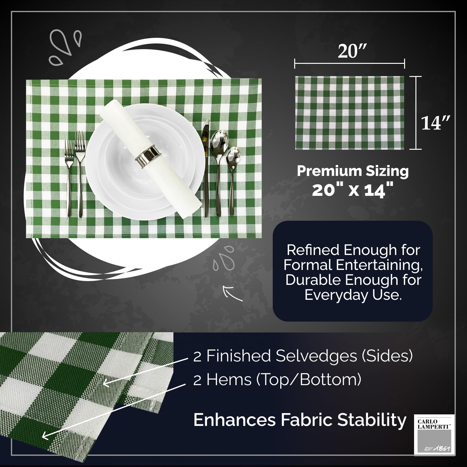 Premium Gingham Check Table Placemats Set of 4 - 100% Cotton Green Plaid Fabric Place Mats 20x14 Inches - Italian Design by Carlo Lamperti - Machine Washable - Minimalist Dining Table Decor for Kitchen, Restaurant & Home Entertaining