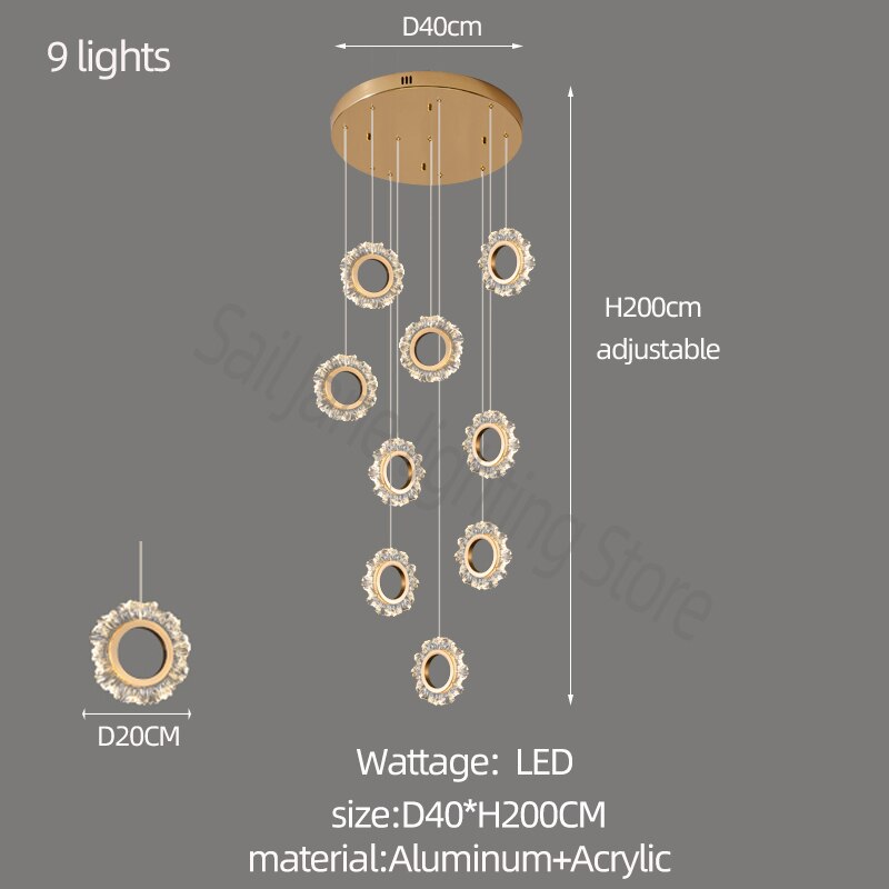 Elegant LED Staircase Chandelier Rings - Modern Staircase Lighting Fixture for Home Decor | Perfect for Hallways, Entryways, and Stairwells
