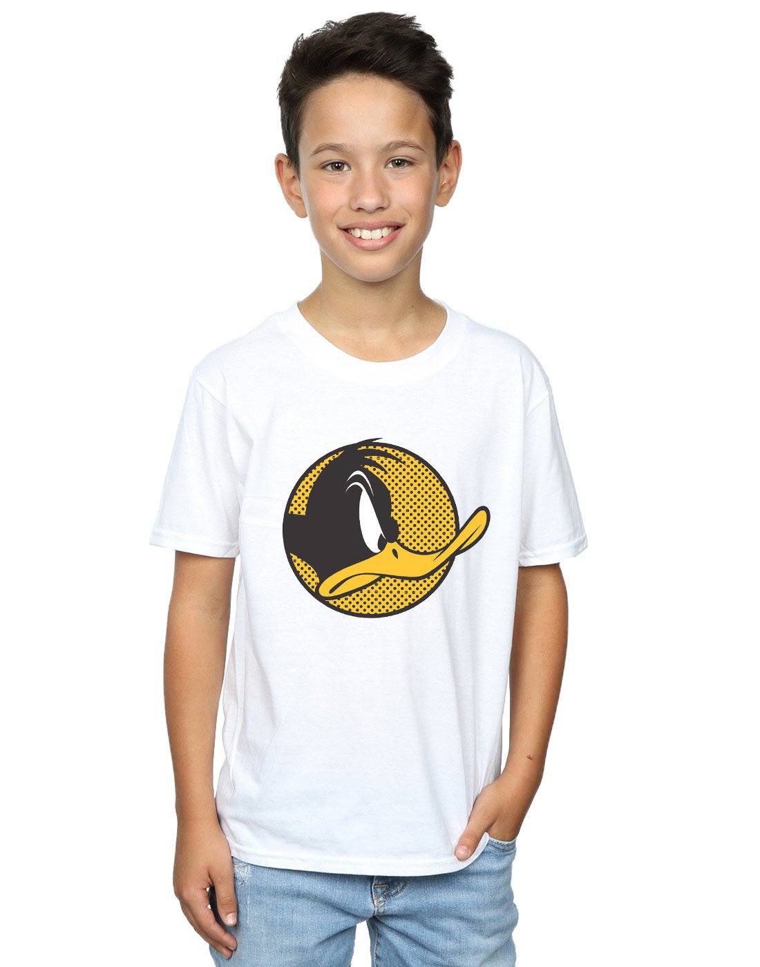 Looney Tunes Daffy Duck Graphic T-Shirt for Boys 7-8 Years | White Cotton Tee with Fun Dotted Design | Perfect for School, Playdates & Cartoon Lovers