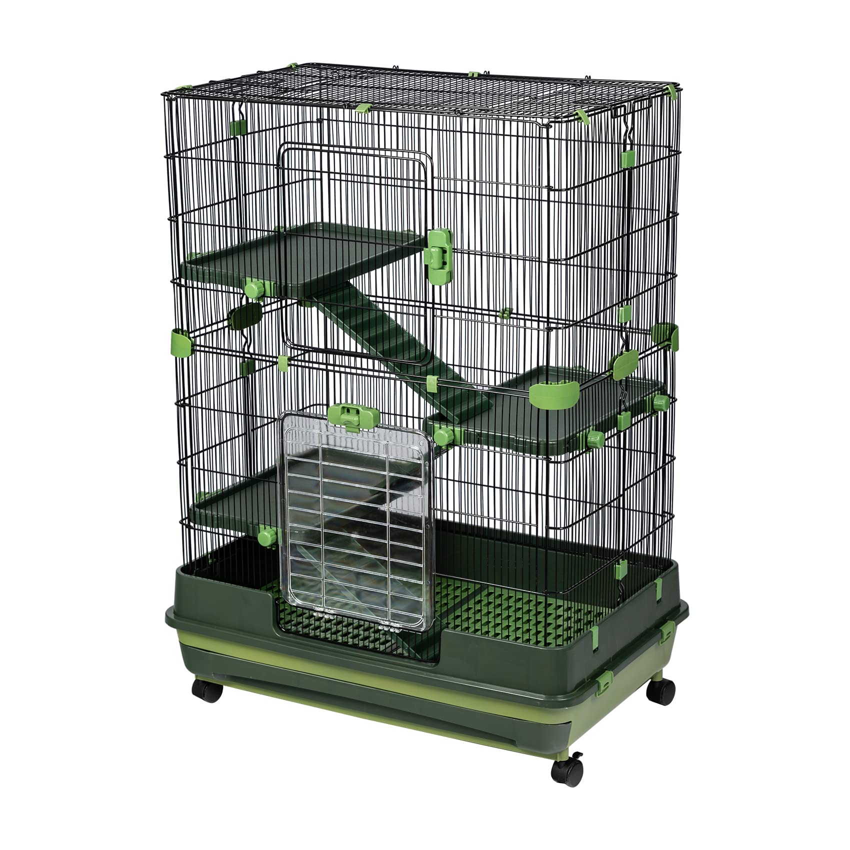 4-Tier 32 Inch Adjustable Height Small Animal Cage with Lockable Top Openings - Removable Metal Enclosure for Rabbits, Chinchillas, Ferrets, Guinea Pigs & Hamsters (Green) - Perfect for Indoor Pet Housing & Playpen