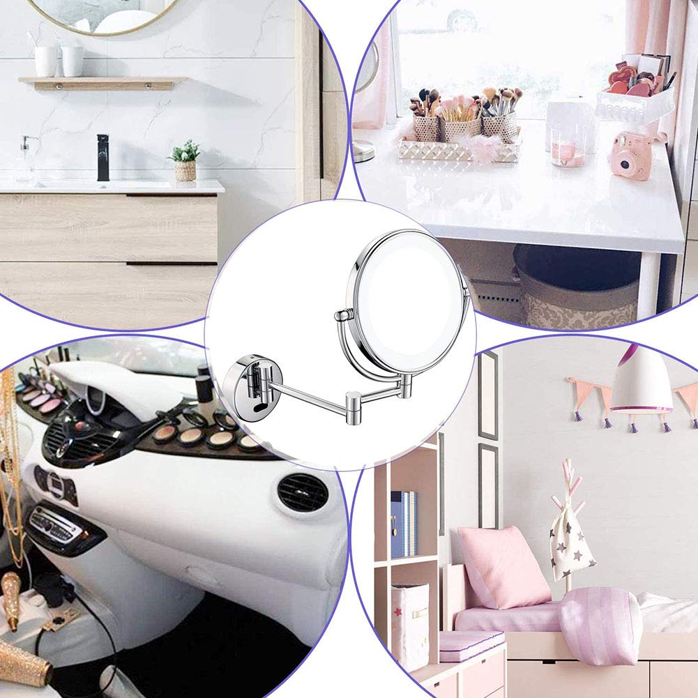 8 Inch Wall Mounted Makeup Mirror with LED Lights - 360° Swivel & Extendable Dual-Sided Vanity Mirror for Bathroom (9-Inch Extension) - Perfect for Girls' Dressing Room, Bedroom & Makeup Studio