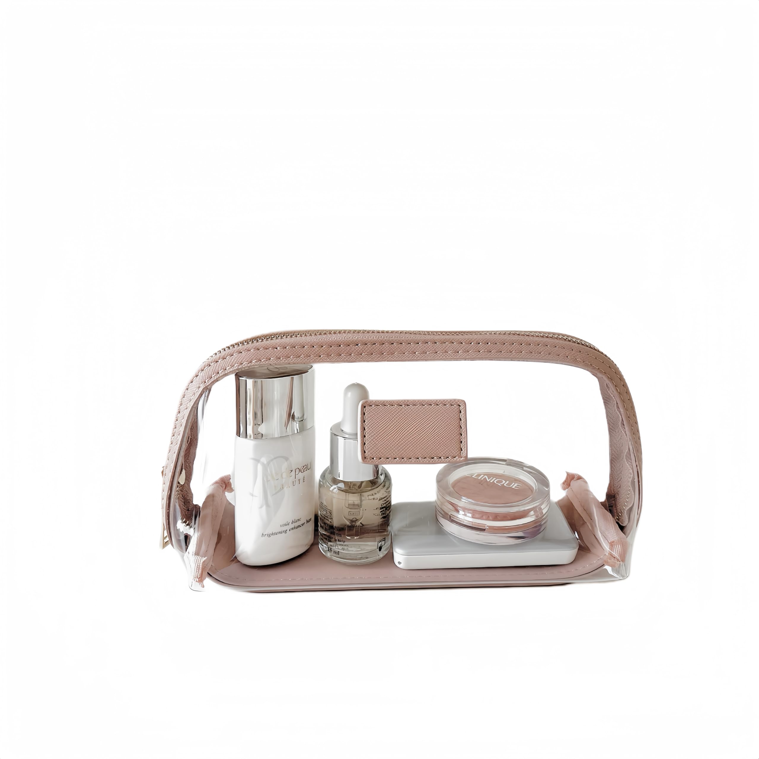 Clear Makeup Bag - Leather Travel Toiletry Case, Portable Waterproof Cosmetic Organizer Storage Pouch (Pink, Small) - Perfect for Travel, Gym & Daily Beauty Essentials