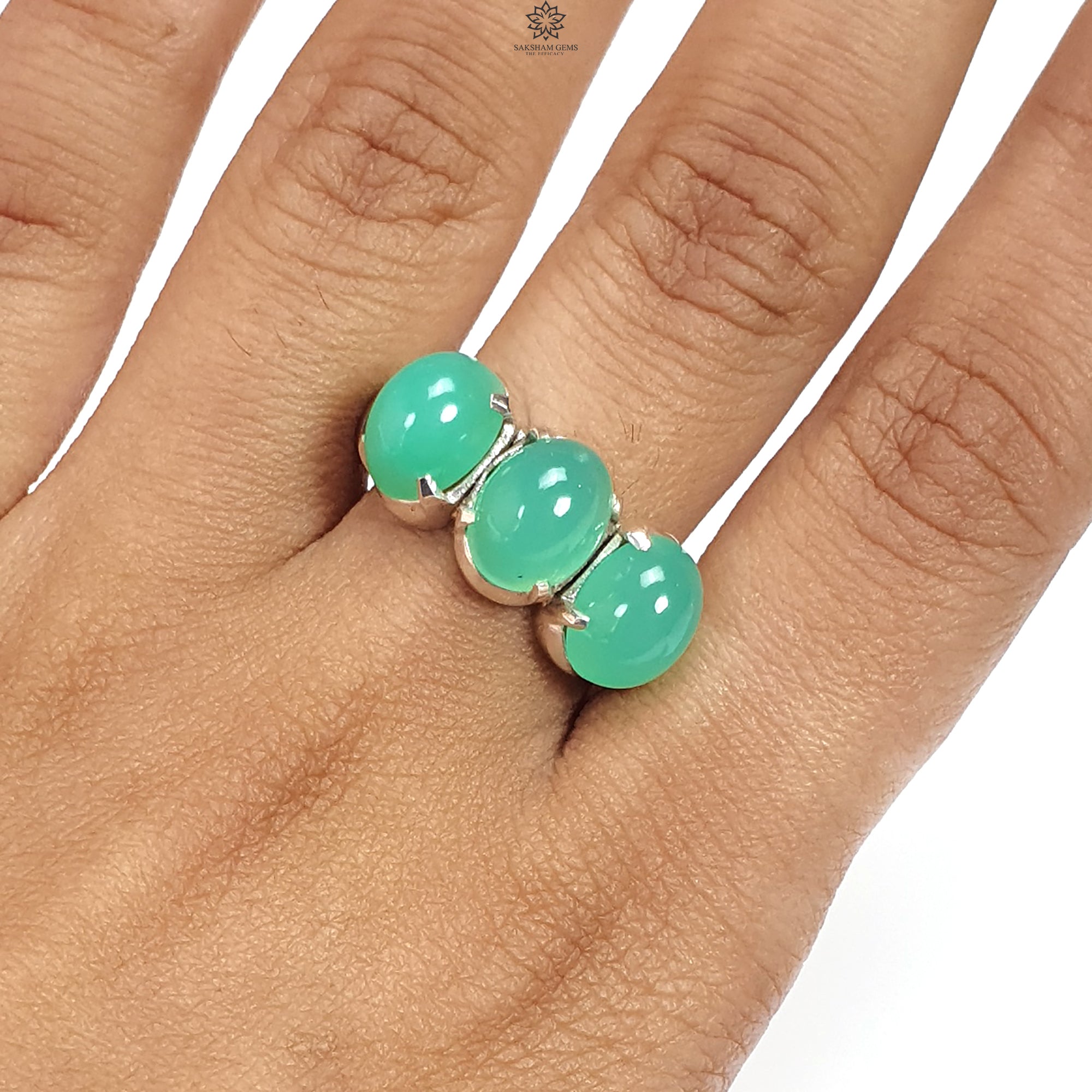 Natural Green Chrysoprase Cabochon Sterling Silver Ring - 5.77g Oval Untreated Gemstone, 925 Silver Prong Setting, Size 8.75 US - Elegant Jewelry Gift for Women, Perfect for Weddings, Parties & Everyday Wear
