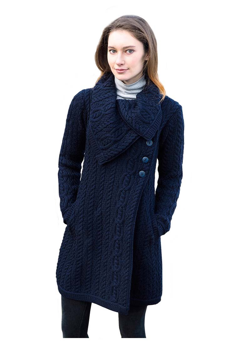 Stylish Navy Aran Collar Coat with Buttons - Perfect for Winter Outfits and Casual Office Wear