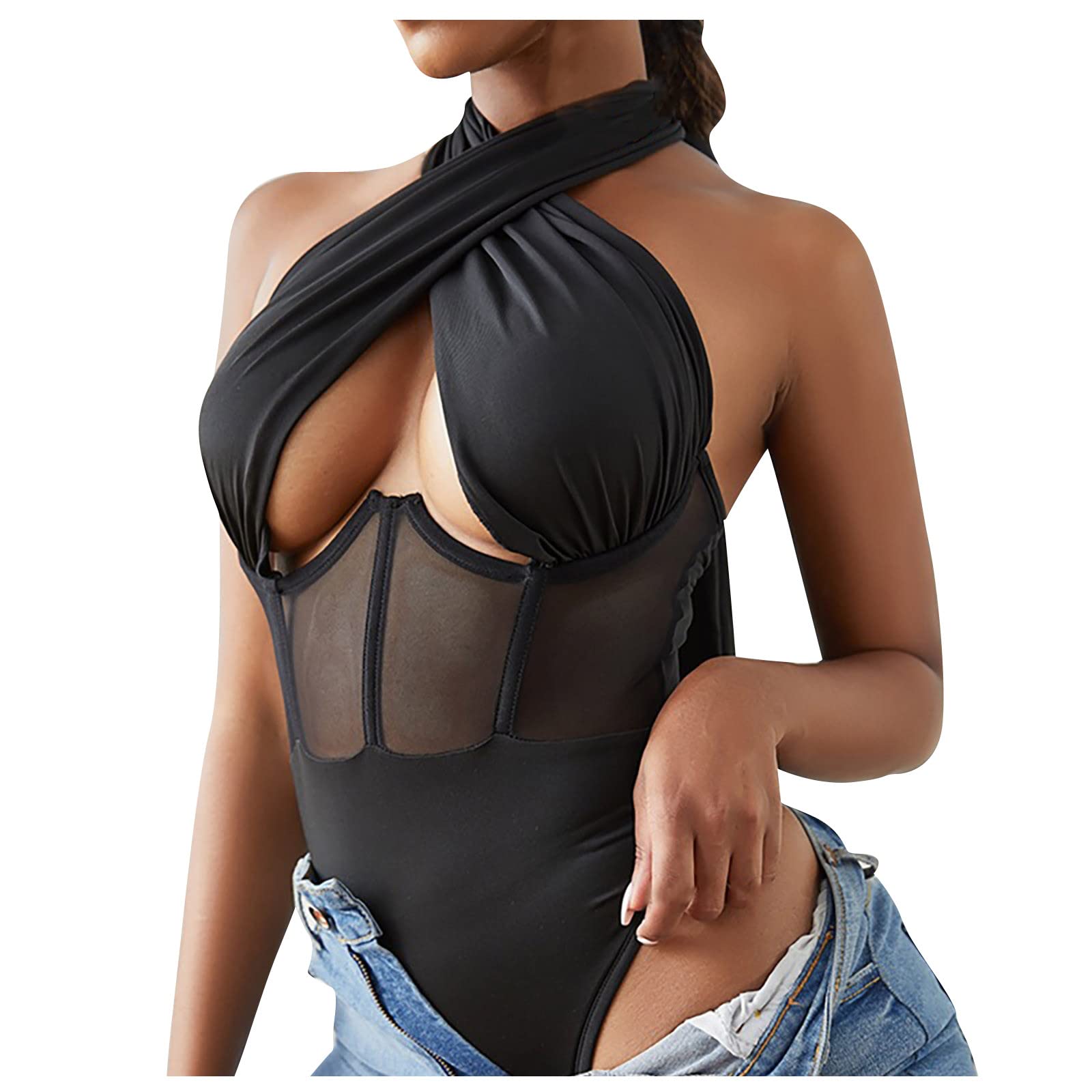 Sexy Women's Cut Out Criss Cross Halter Neck Wrap Sleeveless Leotard Bodysuit - One Piece Tank Top for Dance, Yoga & Night Out