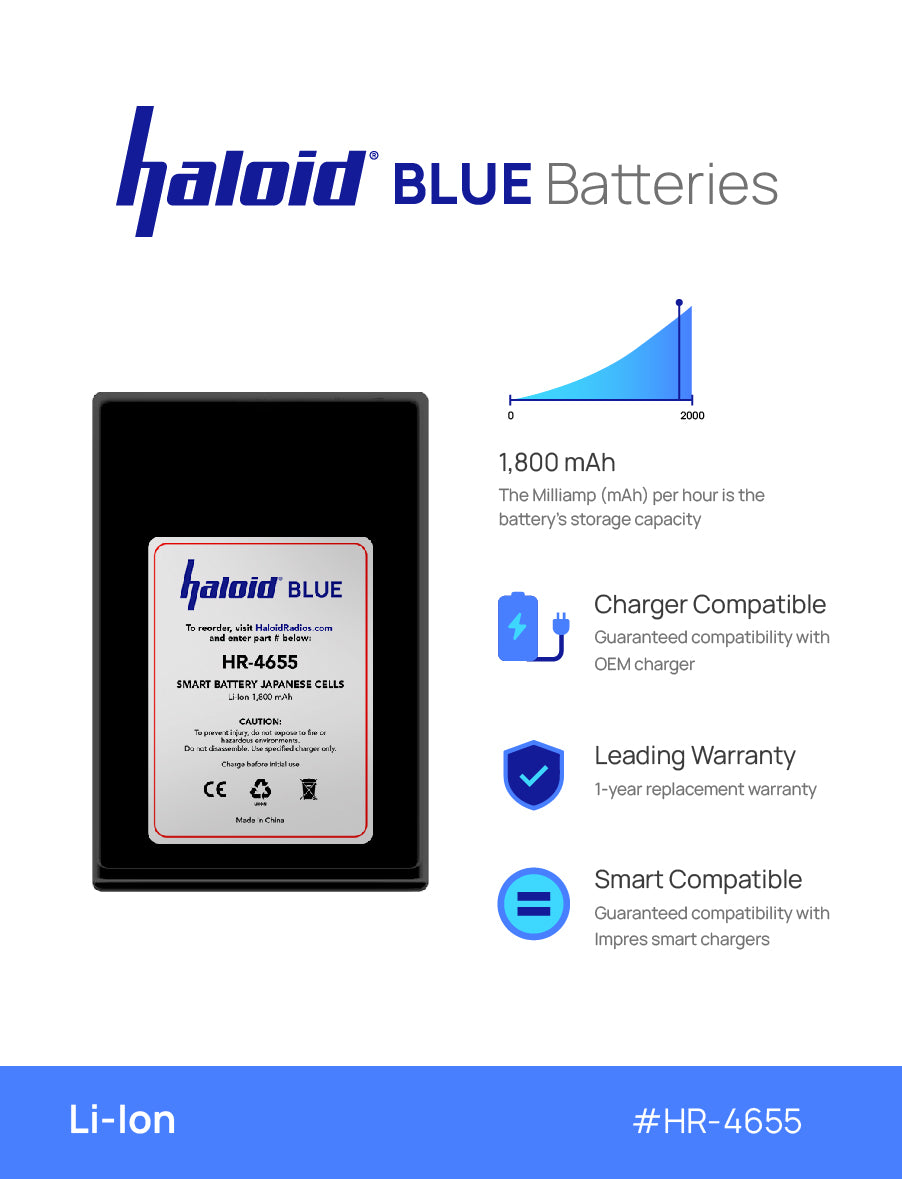 Haloid BLUE HR 4655 Lithium Battery - Replacement for DTR650, DTR550, DTR450 Walkie Talkies - Long-Lasting Power for Construction, Security & Outdoor Communication