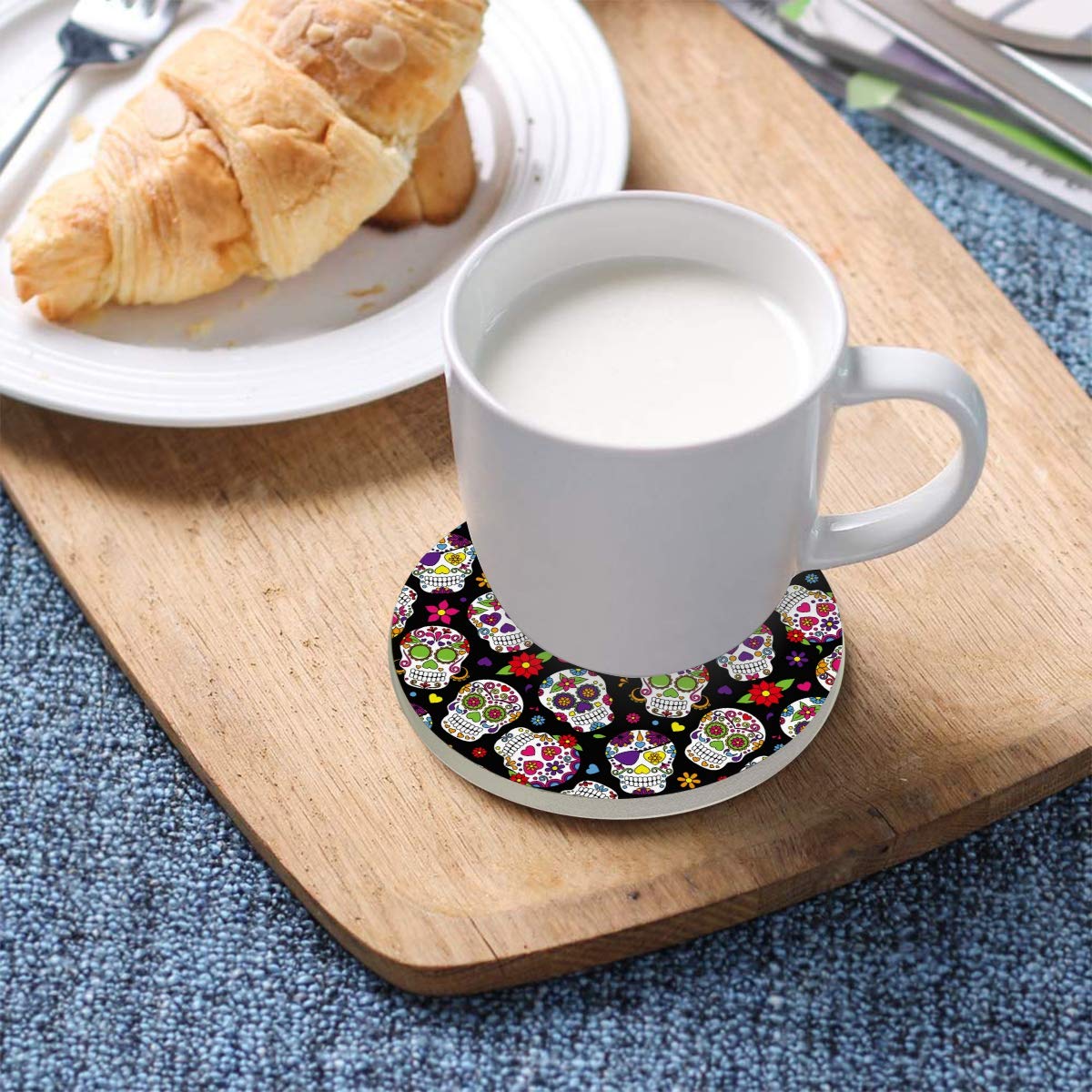 Halloween Sugar Skull Ceramic Coasters Set - Day of The Dead Themed Drink Coasters with Cork Base - Heat Resistant Cup Holders for Coffee, Wine & Beverages - Perfect for Dia de Los Muertos Decor & Party Supplies