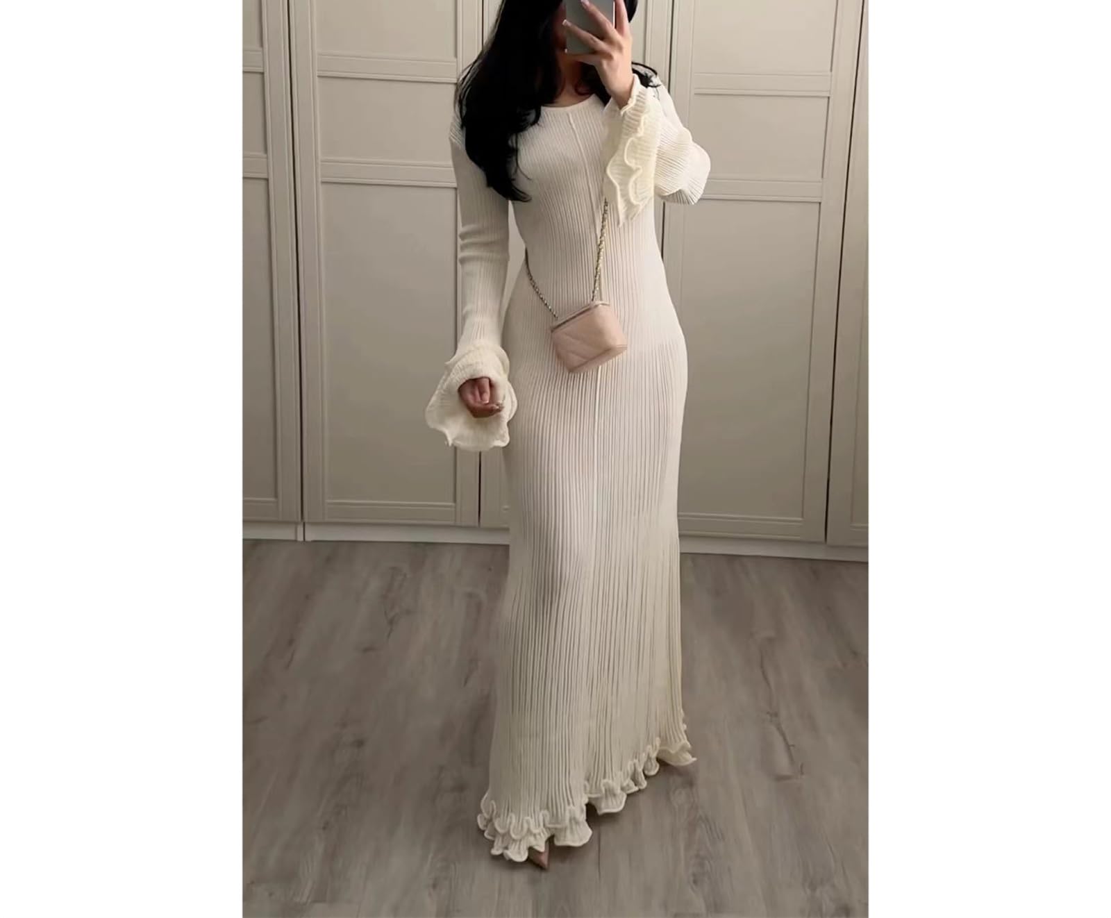 Elegant Cream Crochet Maxi Dress with Ruffles & Tie Back - Long Sleeve Bodycon Sweater Dress for Women | Perfect for Date Nights, Weddings & Fall Fashion
