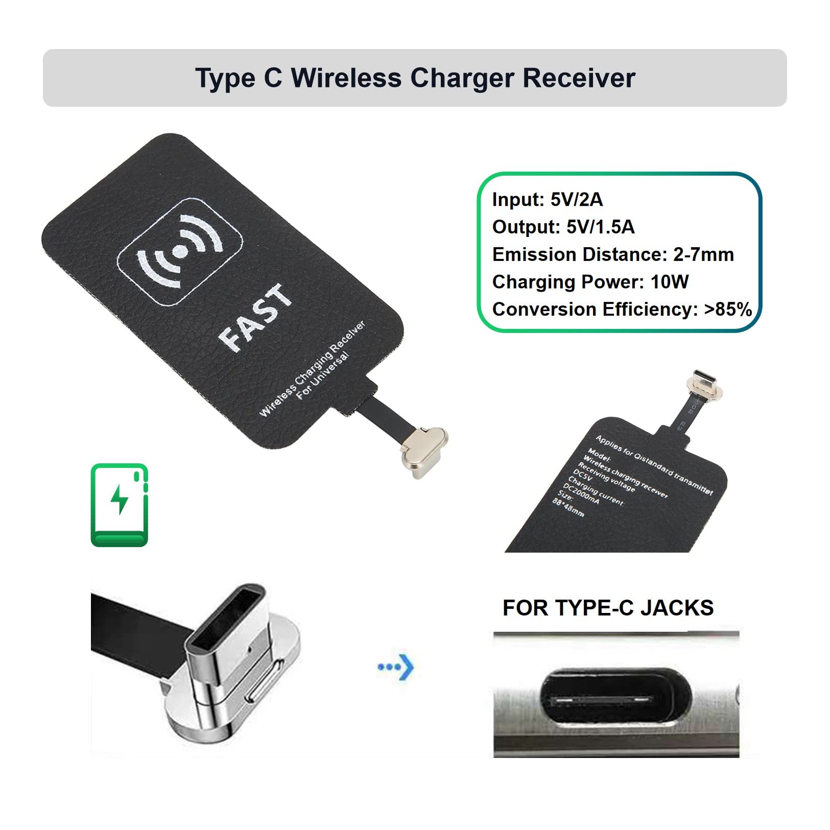 10W USB Type C Fast Qi Wireless Charging Receiver Adapter - DIY Wireless Charging Module for Phones, Cars & Home Use