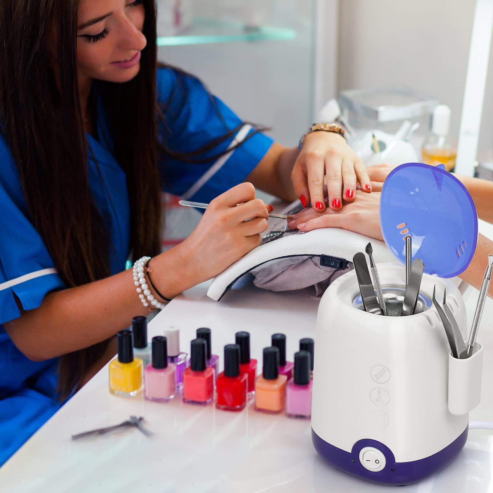 Professional Nail Tool Sterilizer Machine - High Temperature UV Sanitizer for Manicure Tools, Nippers & Hair Scissors | Portable Blue Sterilization Pot with Storage Container | Ideal for Nail Salons, Barbershops & Home Use