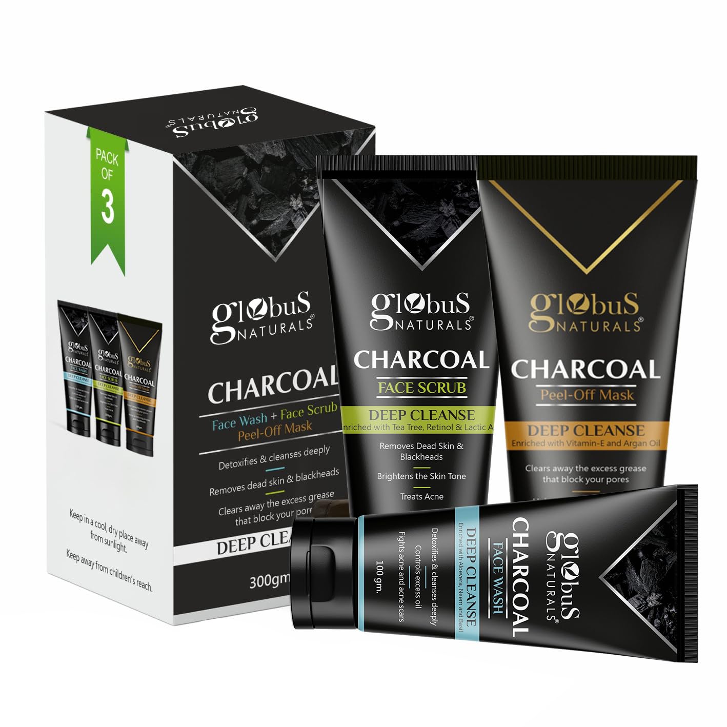 Globus Naturals Activated Charcoal Face Care Trio Kit - Anti Acne, Anti Pollution & Brightening Facial Set (100g Each) for Clear Skin | Deep Cleansing Face Wash, Exfoliating Scrub & Detox Mask | Perfect for Daily Skincare Routine & Travel