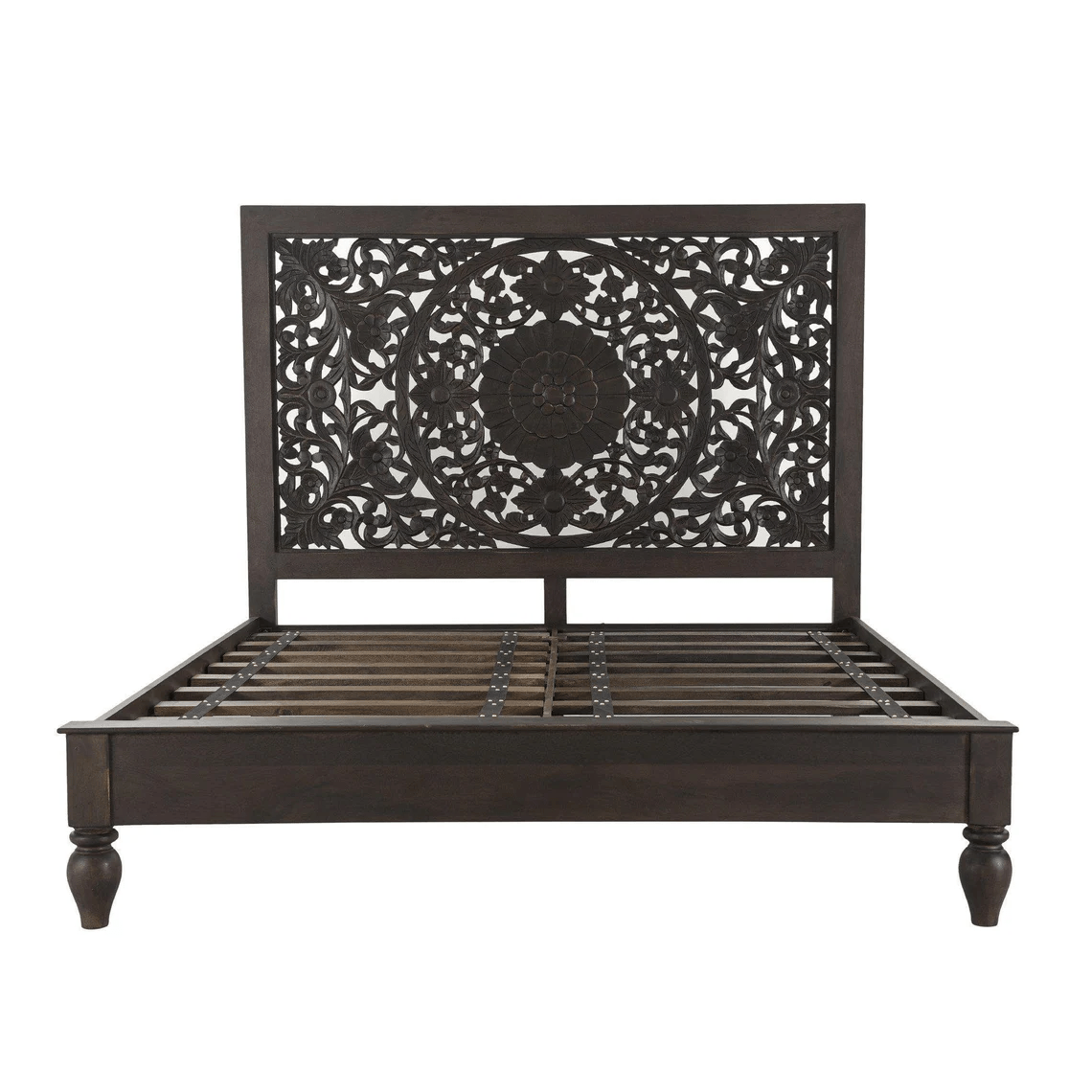 Hand Carved Solid Wood Bed Frame with Headboard - Indian Style Queen/King Size Bed - Perfect for Master Bedroom, Guest Room & Farmhouse Decor