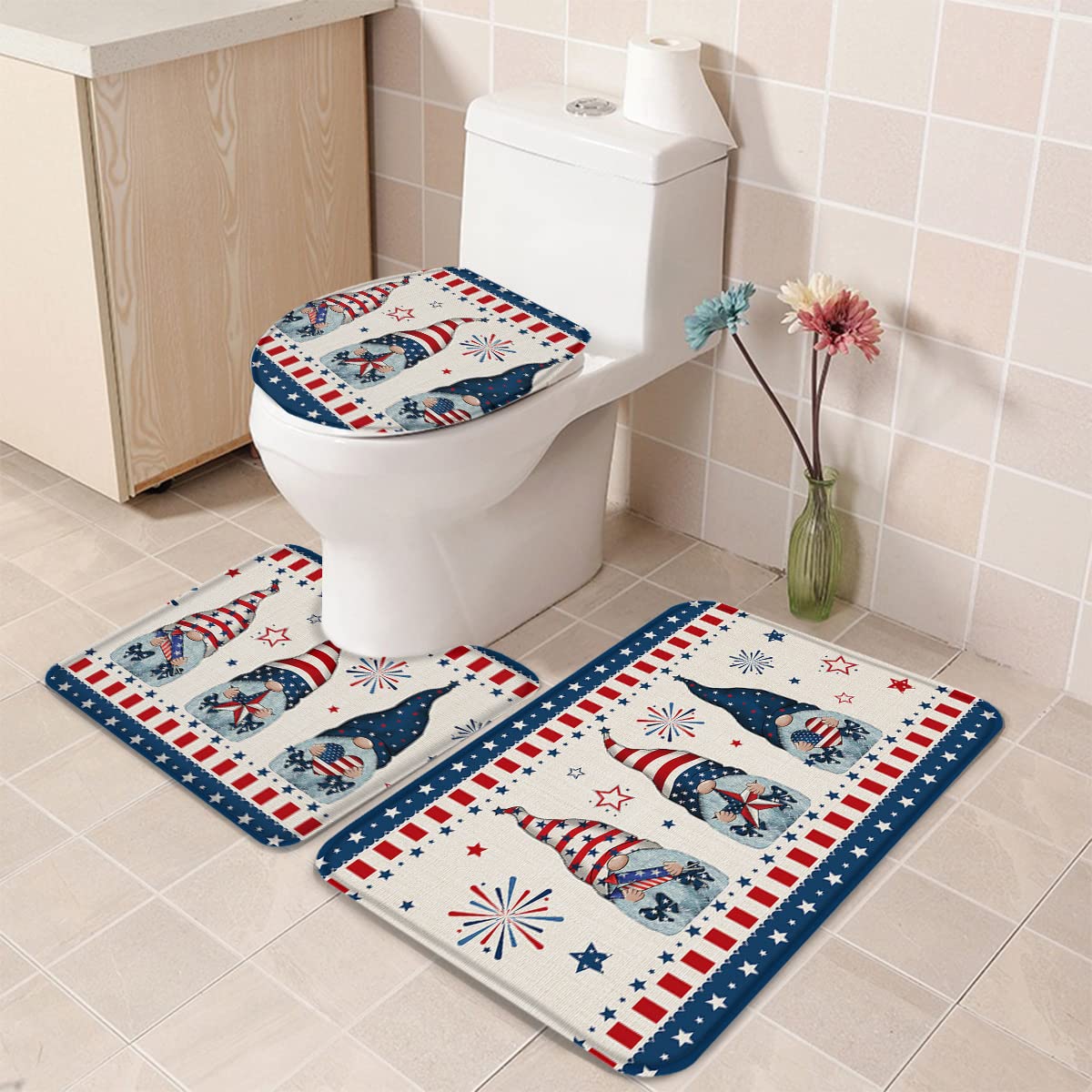 Savannan 4th of July Patriotic Bathroom Rug Set - Retro American Flag Fireworks Star Design, Soft Absorbent & Anti-Slip Bath Mats with U-Shaped Toilet Mat & Lid Cover - 3 Piece Bathroom Decor Set for Independence Day, Memorial Day, Veterans Day Celebrations