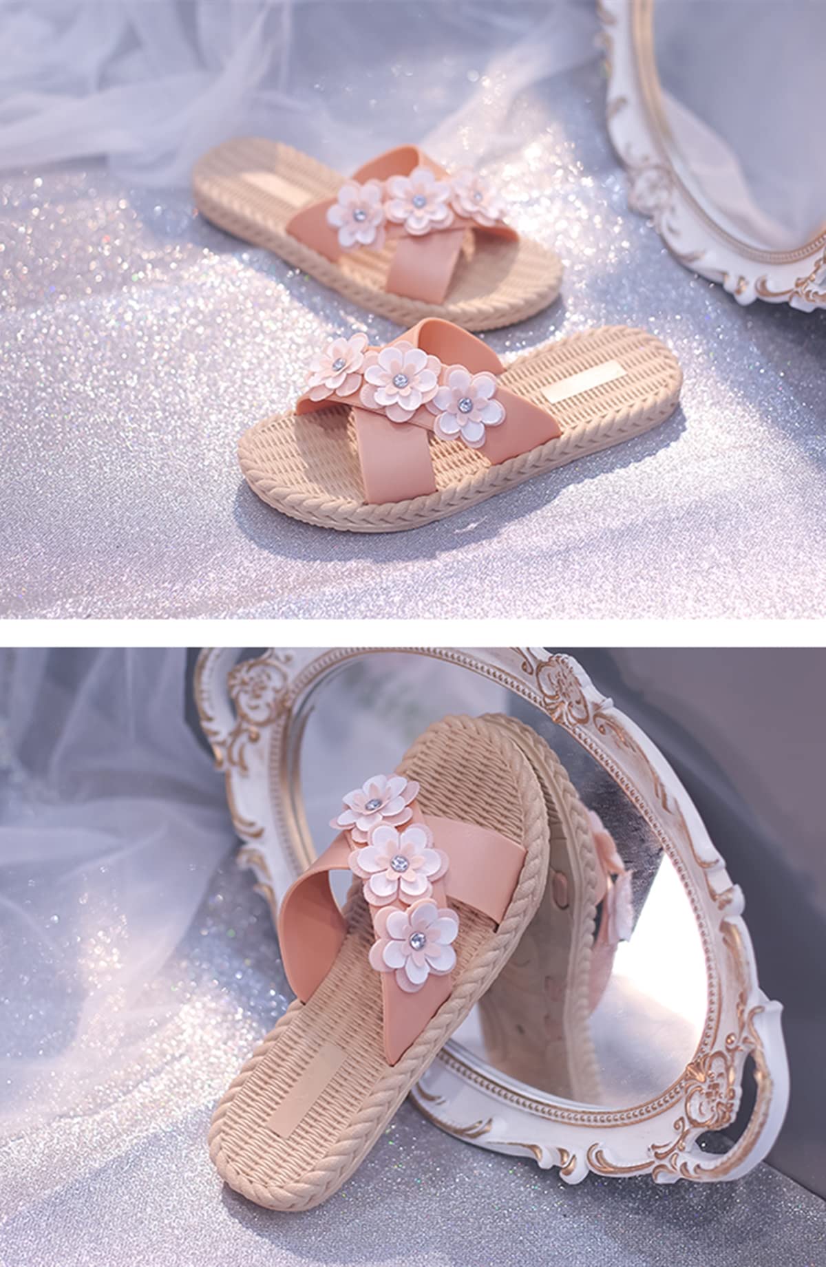 Women's Flower Flip Flops - Non-Slip Beach Sandals for Summer | Comfortable PVC Slippers for Girls & Women | Perfect for Beach, Pool, Shower & Vacation | Size 8.5 US (Pink)