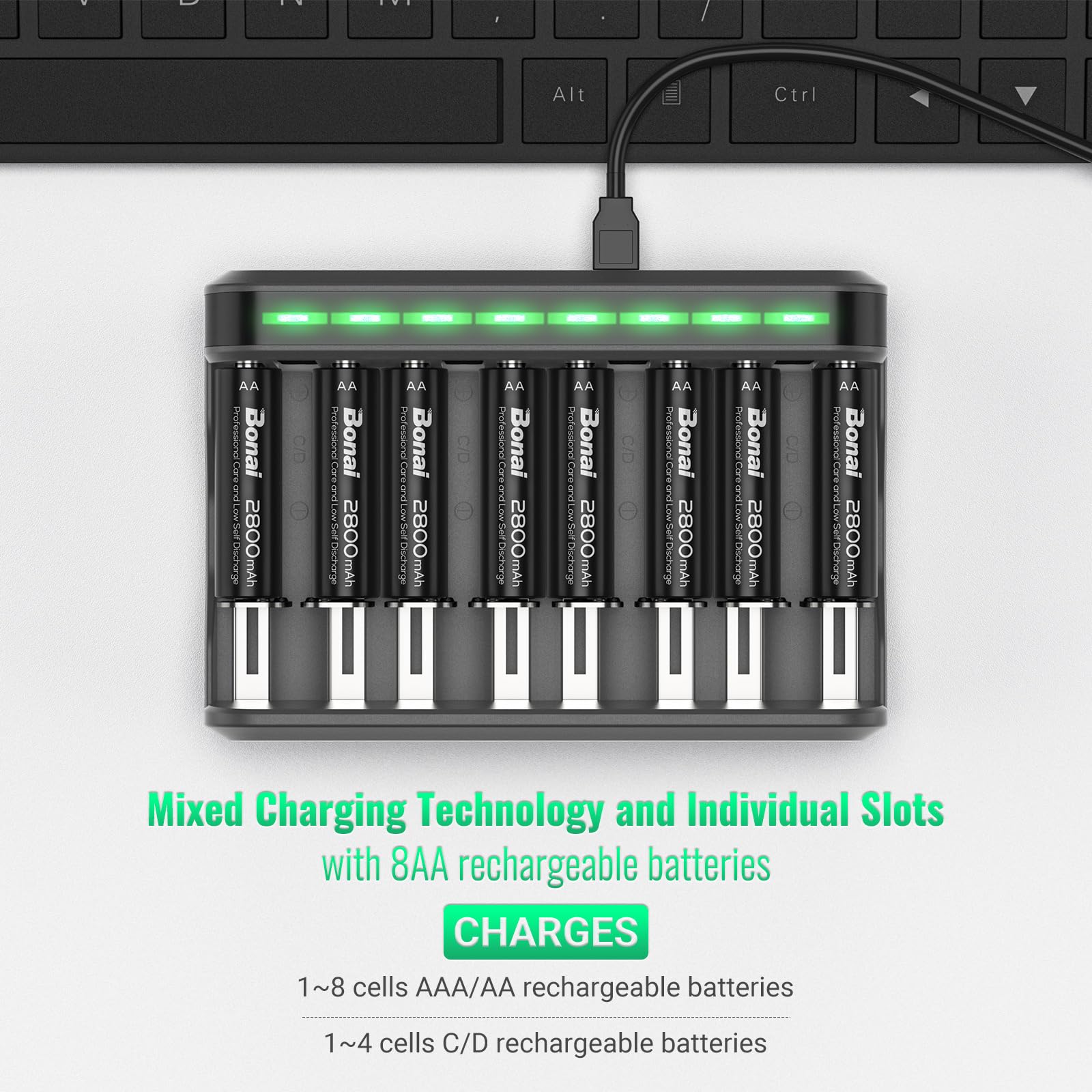 BONAI 8-Pack 2800mAh Rechargeable AA Batteries with Independent Slot Charger - Compatible with AA AAA C D NiMH Batteries - Perfect for Cameras, Toys, Flashlights & Electronics