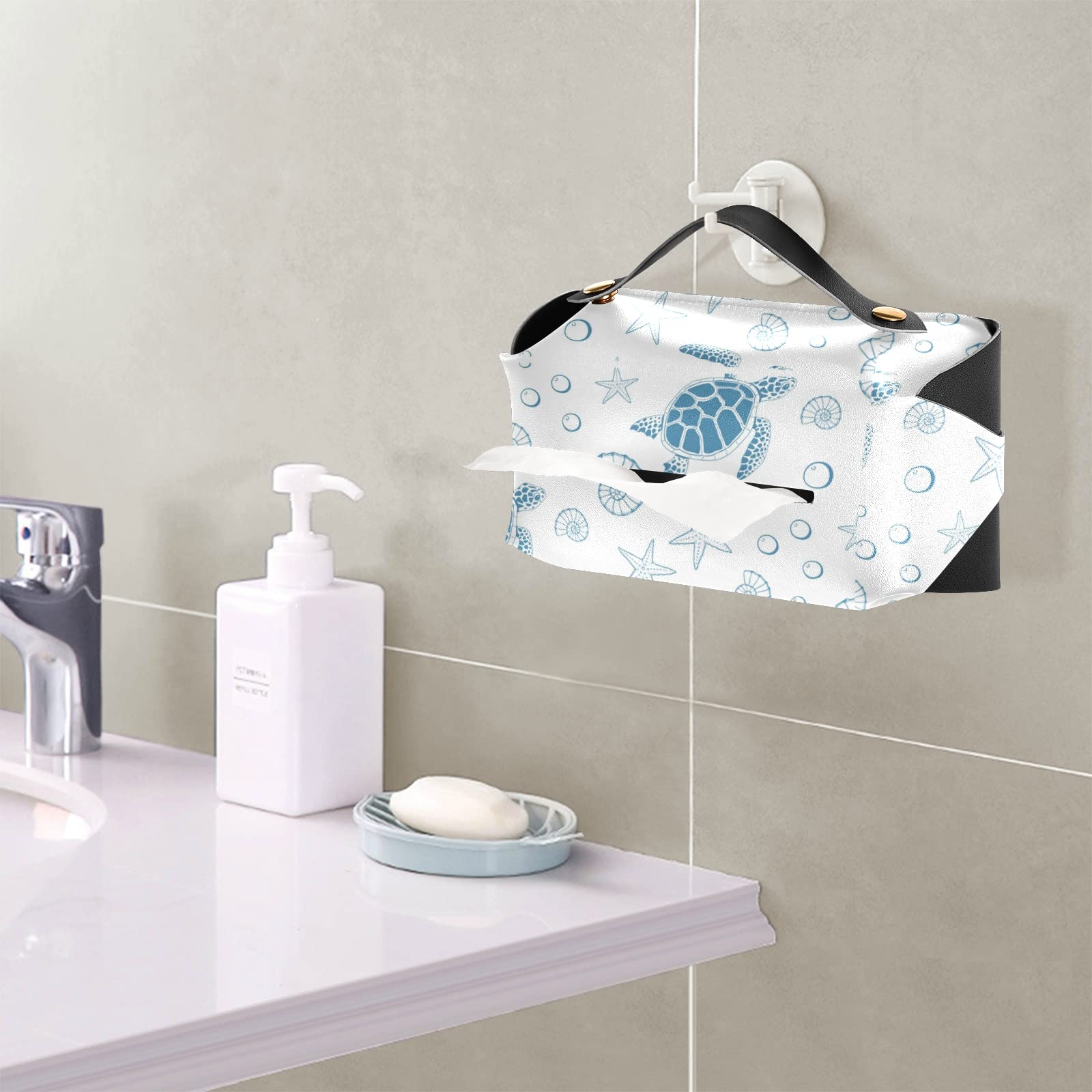 Blue Sea Turtle Starfish Ocean-Themed Leather Tissue Box Cover with Handle - Waterproof Bathroom Vanity Decor for Home, Office, Car (5.7x5.7x5.7 in) | Perfect for Coastal Beach House Decor & Nautical Gift Ideas