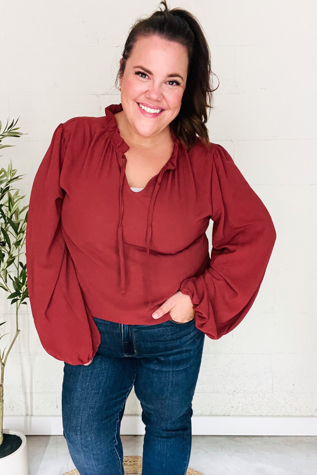 Feeling Femme Burgundy Frilled Edge V-Neck Tie Top - Women's Fashion Blouse for Casual Wear, Date Night & Office Outfits