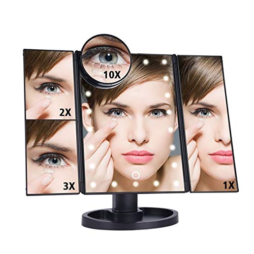 Touch Screen LED Makeup Mirror with Adjustable Brightness - Tri-Fold Black Desktop Vanity Mirror with USB/Battery Power for Home & Travel Use
