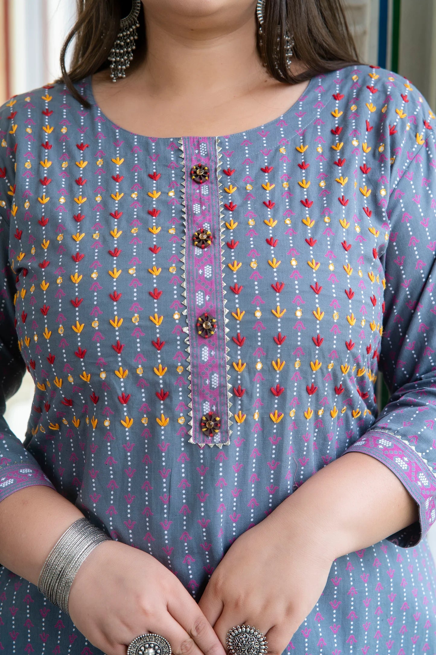Plus Size Grey & Pink Cotton Straight Kurti for Women - Comfortable Casual & Party Wear Indian Tunic Top for Everyday Fashion