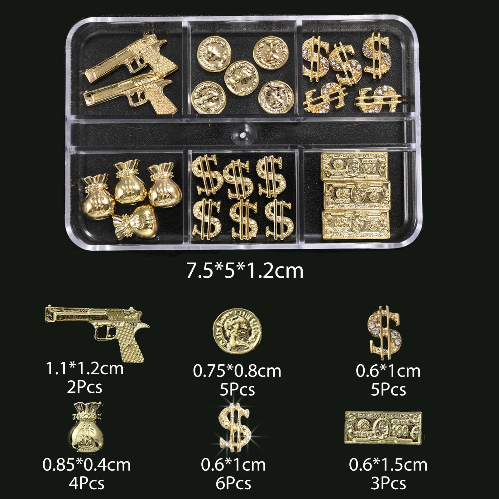 25PCS 3D Gold Nail Charms for Alloy Nails - Nail Art Decorations with Crown, Dollar & Gun Charms - DIY Manicure Jewelry Accessories for Nail Art Supplies - Perfect for Parties, Weddings & Salon Nail Designs