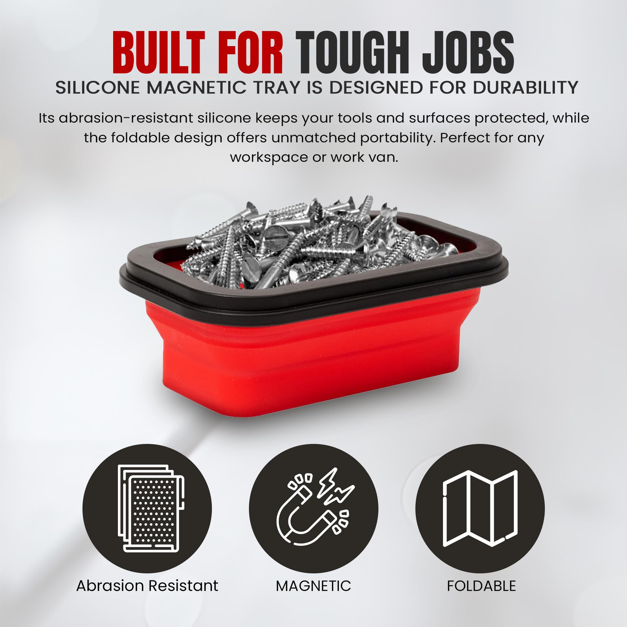 3-Piece Collapsible Magnetic Tool Tray Set - Foldable Silicone Organizer for Screws, Nuts, Bolts & Small Metal Parts with Strong Magnetic Base (Red) | Perfect for Mechanics, DIY Projects & Workshop Organization