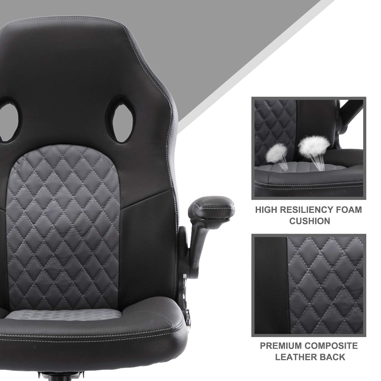 Ergonomic Office Gaming Chair - High Back PU Leather Swivel Computer Chair with Flip-Up Armrests for Home & Office Use - Comfortable Desk Chair for Work, Gaming & Long Hours (Grey)
