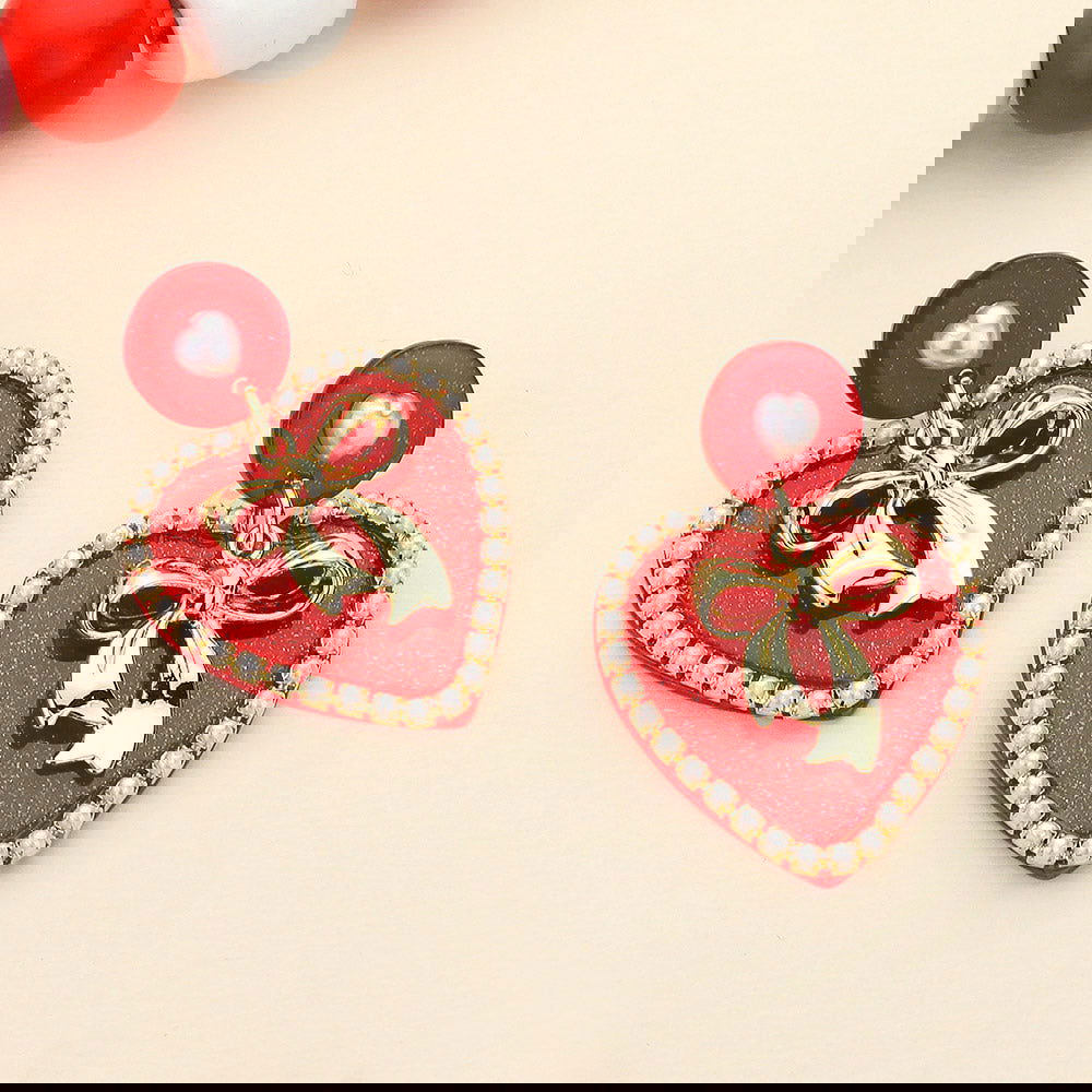Red Metal Bow Pearl Rim Glitter Heart Dangle Earrings for Women - Elegant Party, Wedding, and Evening Wear Accessories