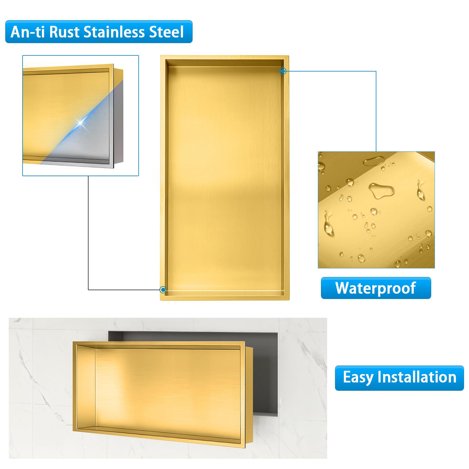 Stainless Steel Modern Shower Niche - No Tile Needed Recessed Shower Shelf Organizer (16