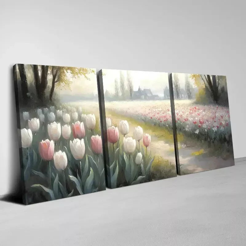 3-Piece Tulip Field with Building Painting Wall Art Set - Framed Canvas 50x70cm - High Quality Print - Ready to Hang - Australian Made - Perfect for Living Room, Bedroom & Office Decor