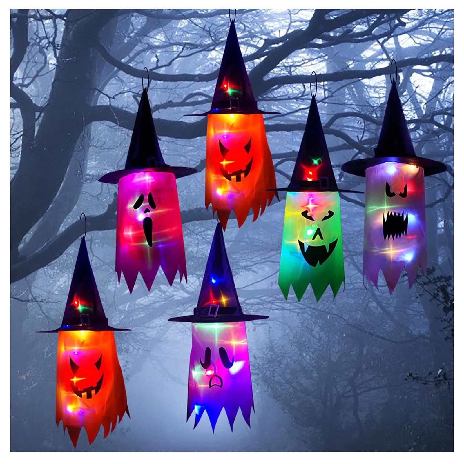 GGS&DDU Halloween Hanging LED Ghost Witch Hat Lights - Battery Operated Outdoor String Lights for Trees, Porch & Yard - Spooky Party & Home Decor
