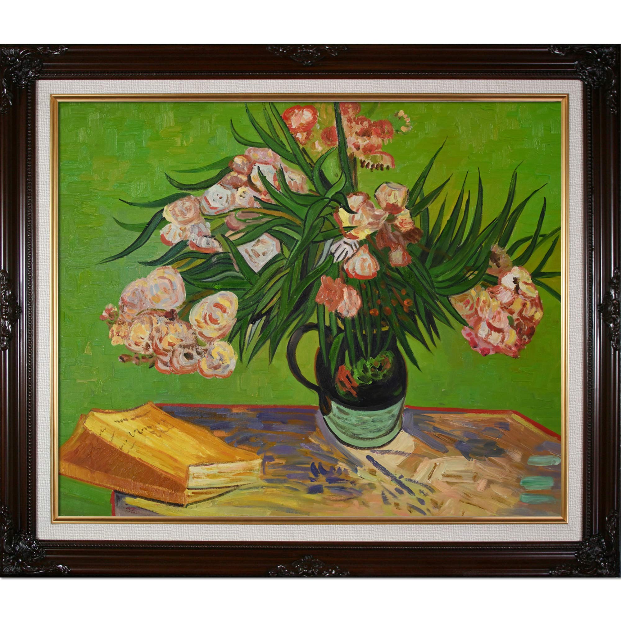 OverstockArt Majolica Jar with Oleander Branches - Vintage Cherry Framed Oil Painting Reproduction 30x26 Inch - Multi-Color Floral Wall Decor for Living Room, Bedroom & Office