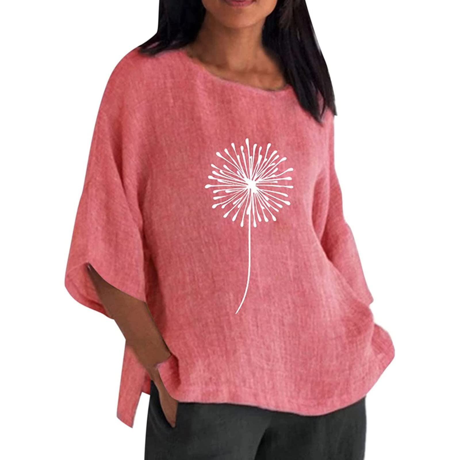 Women's Summer Floral Printed Loose Tunic Top - 3/4 Sleeve Crew Neck Linen Tee in Swing Blue | Casual Comfort Wear for Beach, Office & Everyday Outfits