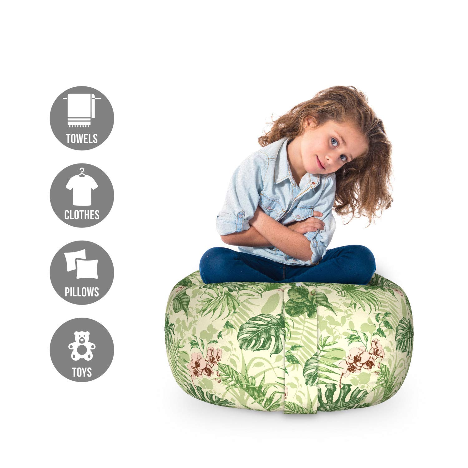 Ambesonne Floral Storage Toy Bag Chair - Hand Drawn Leaves & Flowers Design, Washable Stuffed Animal Organizer, Small Cream Multicolor - Perfect for Kids' Room, Nursery & Playroom Organization