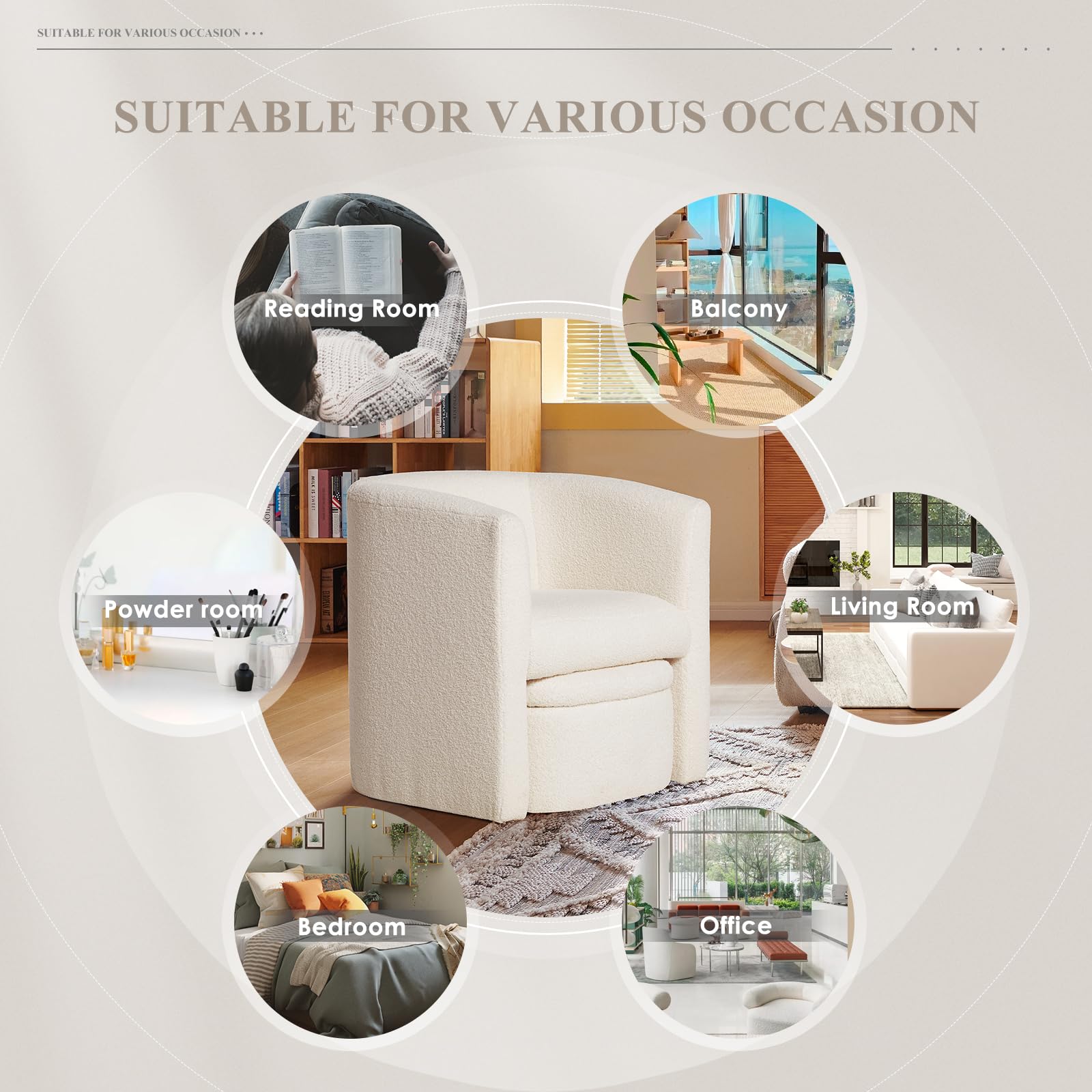 COLAMY Sherpa Barrel Accent Chair with Storage Ottoman - Modern Living Room Armchair, Cozy Lounge Seat for Bedroom, Office & Reading Nook - Cream Upholstered Comfort Chair (Perfect for Small Spaces & Relaxation)