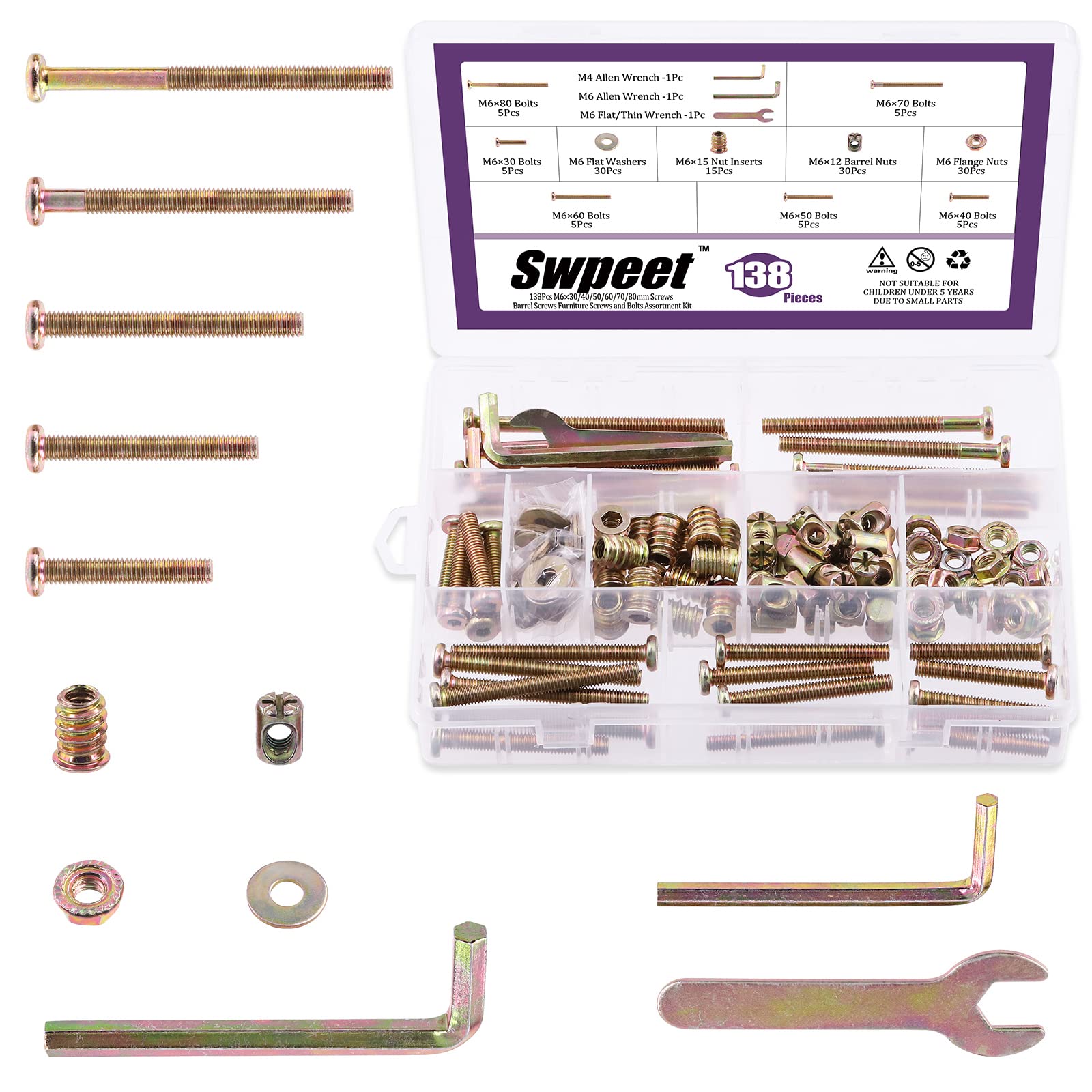 Swpeet 138-Piece M6 x 30-80mm Zinc Plated Crib Hardware Screw Kit - Hex Socket Head Cap Bolts, Barrel Nuts, Flat Washers & Flange Nuts with Threaded Inserts for Baby Crib Assembly & Furniture Repair