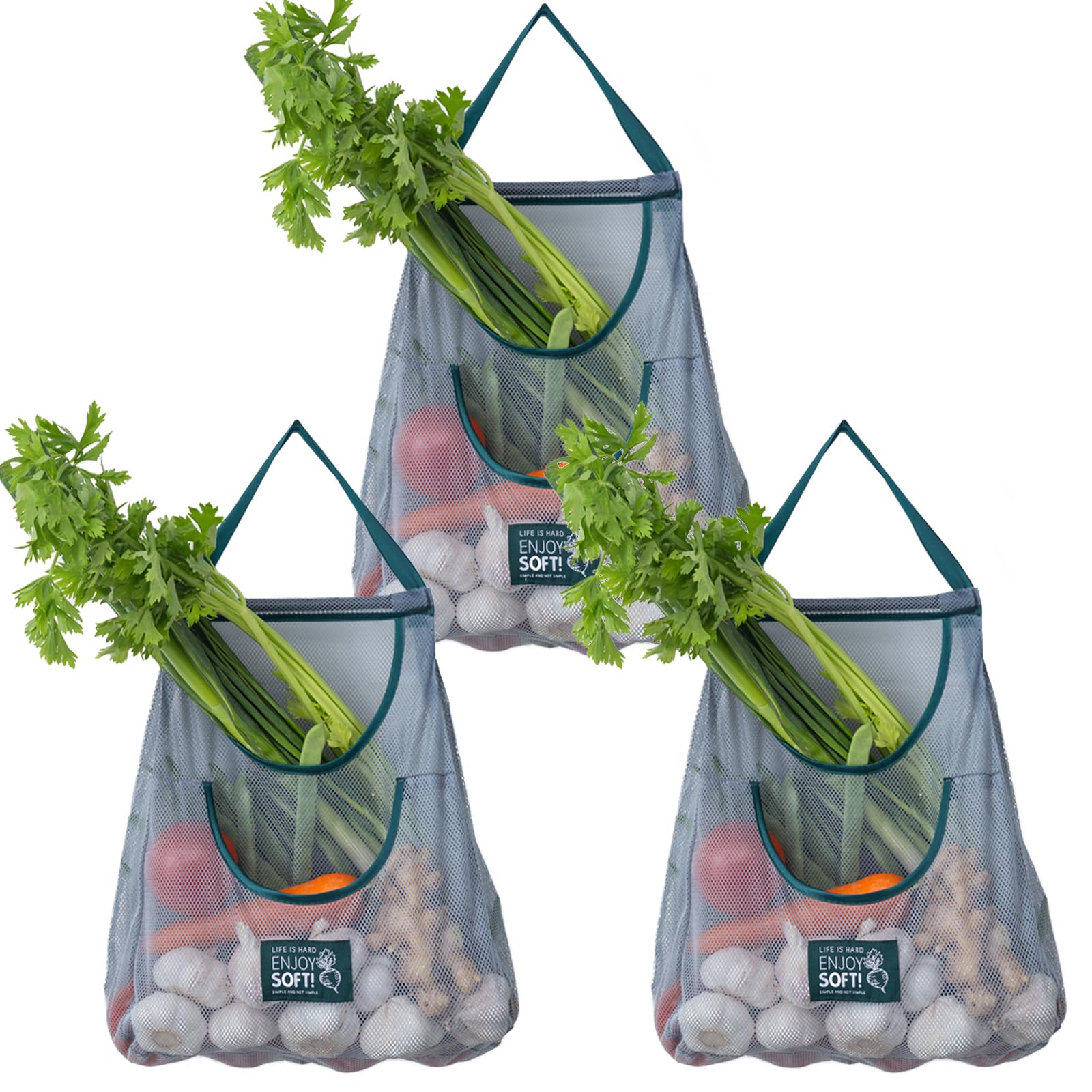 3-Pack Reusable Hanging Mesh Storage Bags for Kitchen - Dual Pocket Net Organizer for Fruits, Vegetables, Garlic, Onions, Potatoes & Tomatoes | Space-Saving Pantry & Refrigerator Organizer