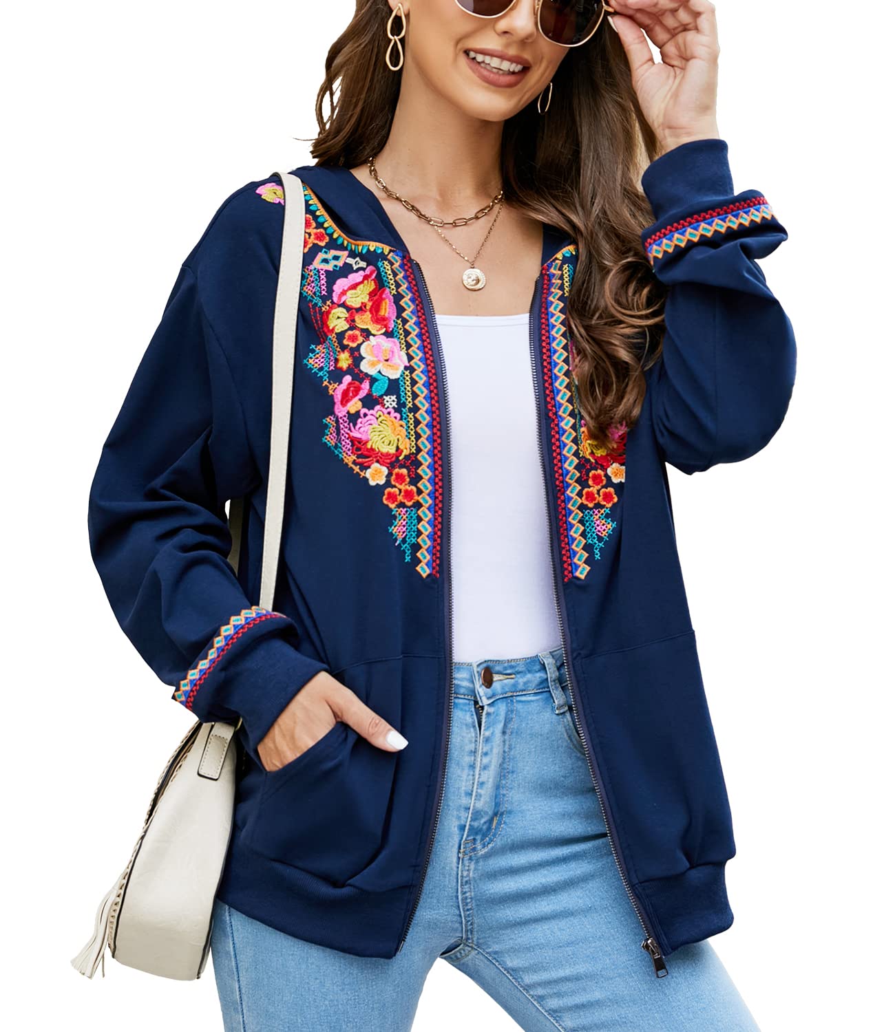 AK Women's Full Zip Long Sleeve Embroidered Sweatshirt - Floral Boho Mexican Hoodie Jacket for Fall & Winter | Cozy Outerwear for Casual Wear, Street Style & Layering