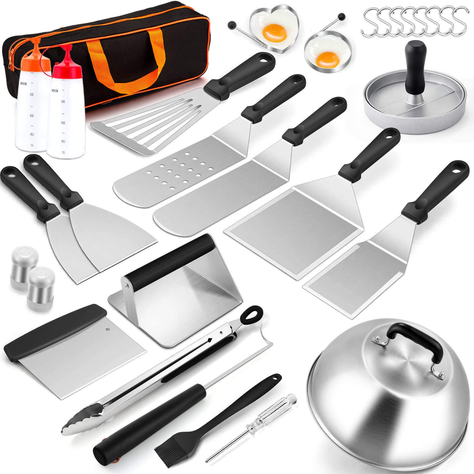 Joyfair 30Pcs Premium Griddle Accessories Kit - Stainless Steel BBQ Flattop Grill Tools Set with Melting Dome, Basting Cover, Burger Press & Turner Spatula for Outdoor Camping, Teppanyaki & Backyard Grilling | Perfect for Tailgating, Picnics & Home BBQ Parties