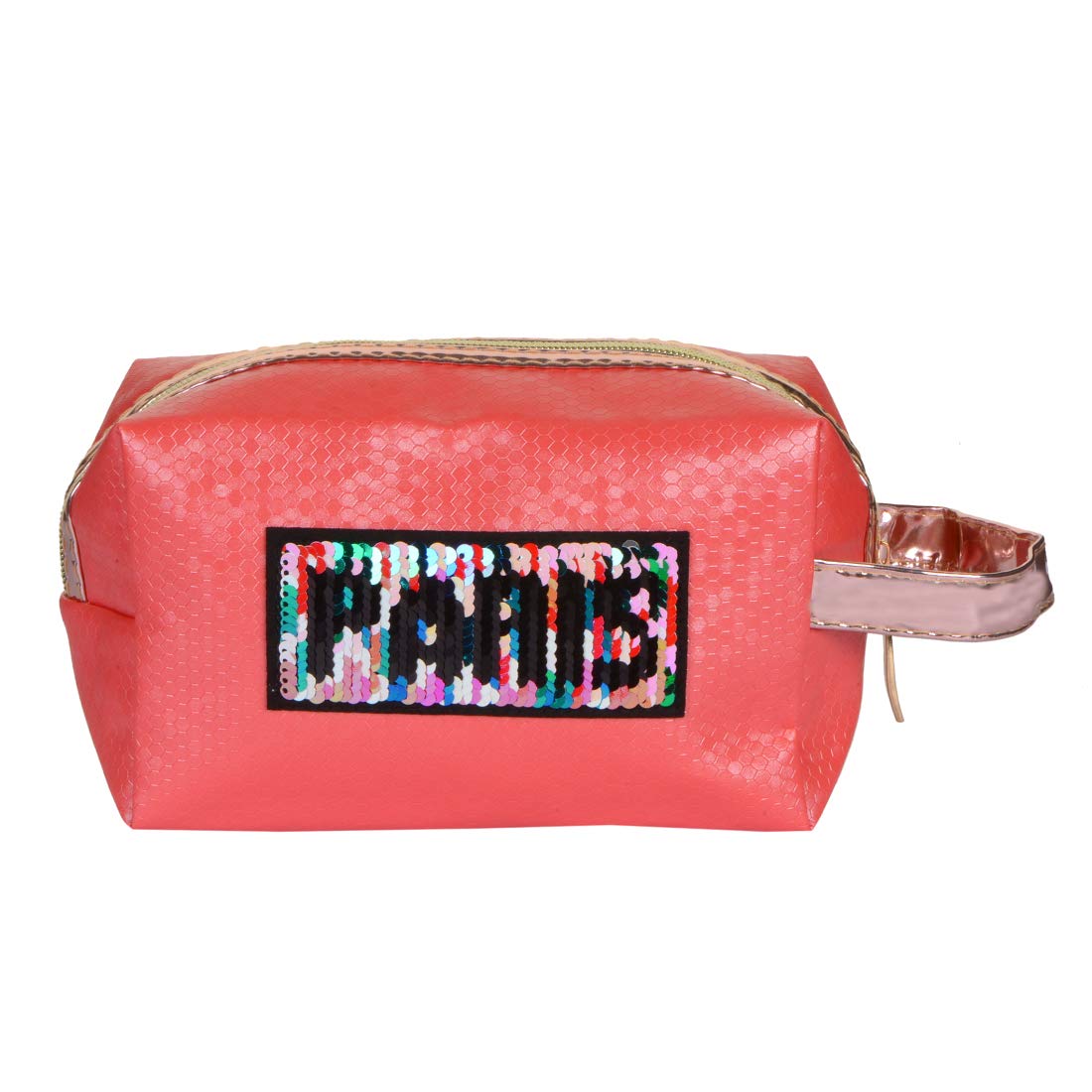 STRIPES® Essentials Portable Waterproof PU Red Makeup Pouch - Travel Toiletry Bag for Women & Girls with Paris Sequins Patch | Perfect for Cosmetics, Toiletries & Travel Accessories | Gym, Vacation & Daily Use